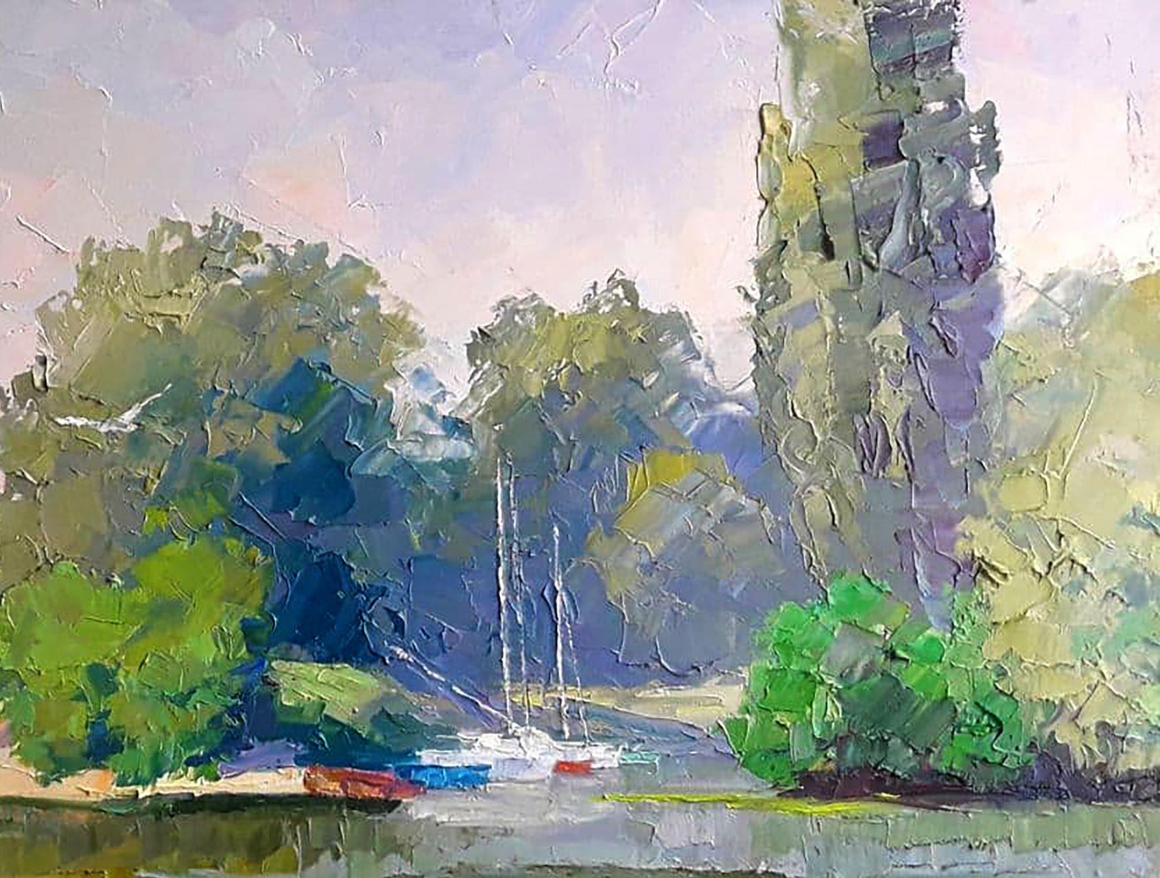 Yachts on the Dnieper, Landscape, Original oil Painting, Ready to Hang - Gray Landscape Painting by Boris Serdyuk 