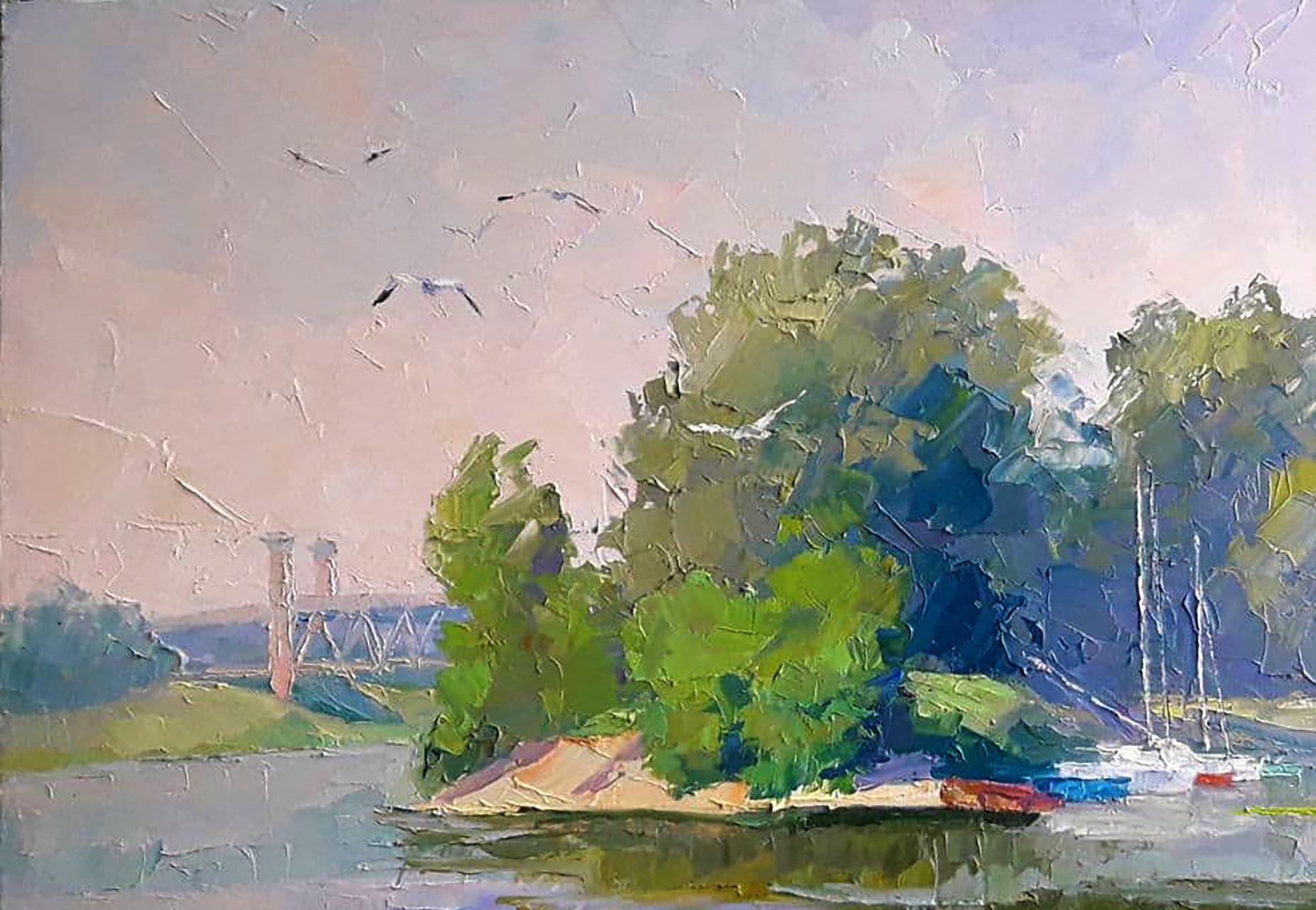Yachts on the Dnieper, paysage, peinture à l'huile originale, prête à accrocher - Impressionnisme Painting par Boris Serdyuk 