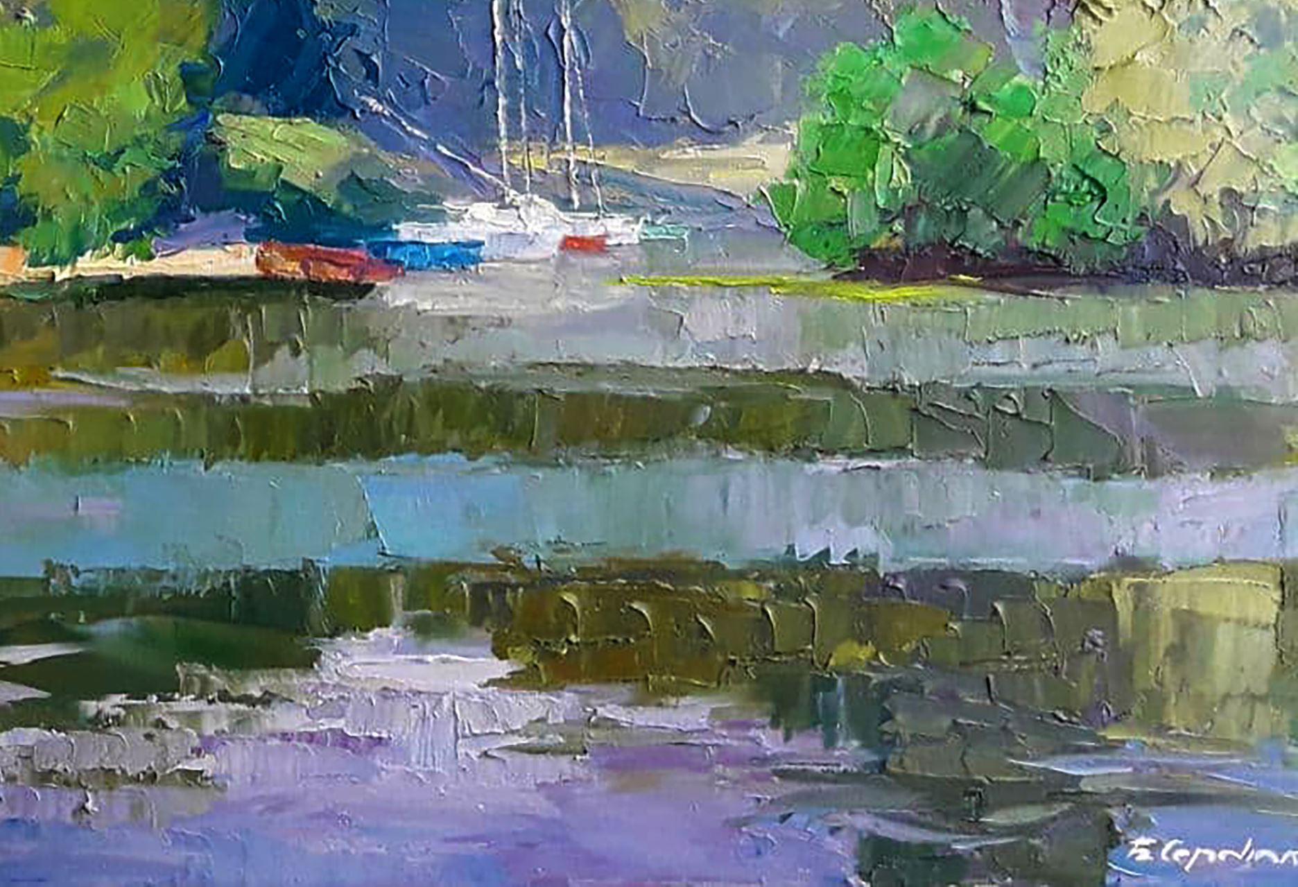 Yachts on the Dnieper, paysage, peinture à l'huile originale, prête à accrocher - Gris Landscape Painting par Boris Serdyuk 