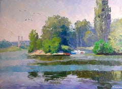 Yachts on the Dnieper, paysage, peinture à l'huile originale, prête à accrocher
