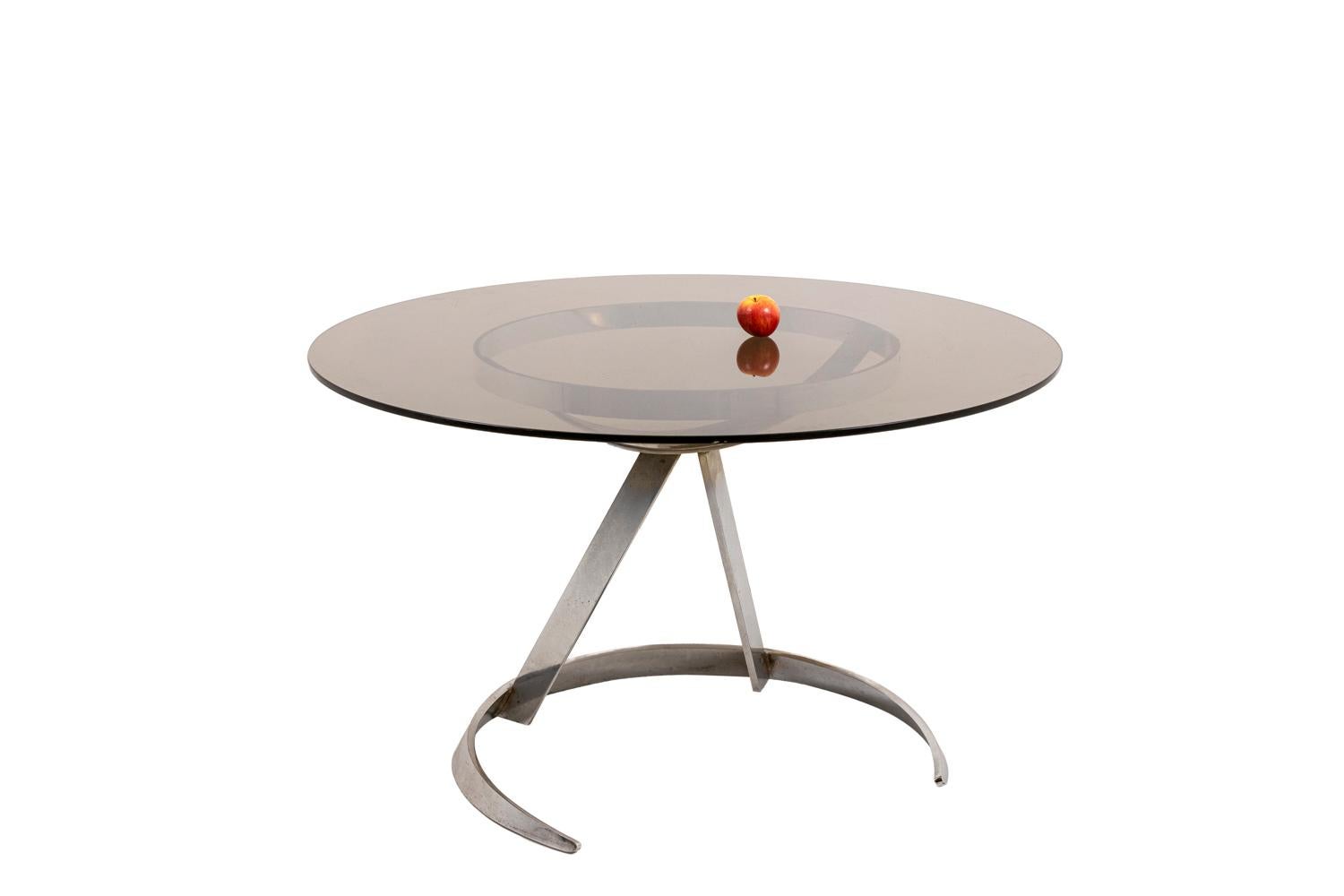Boris Tabacoff, Round Table in Chromed Metal and Smoked Glass, 1970s For Sale 3