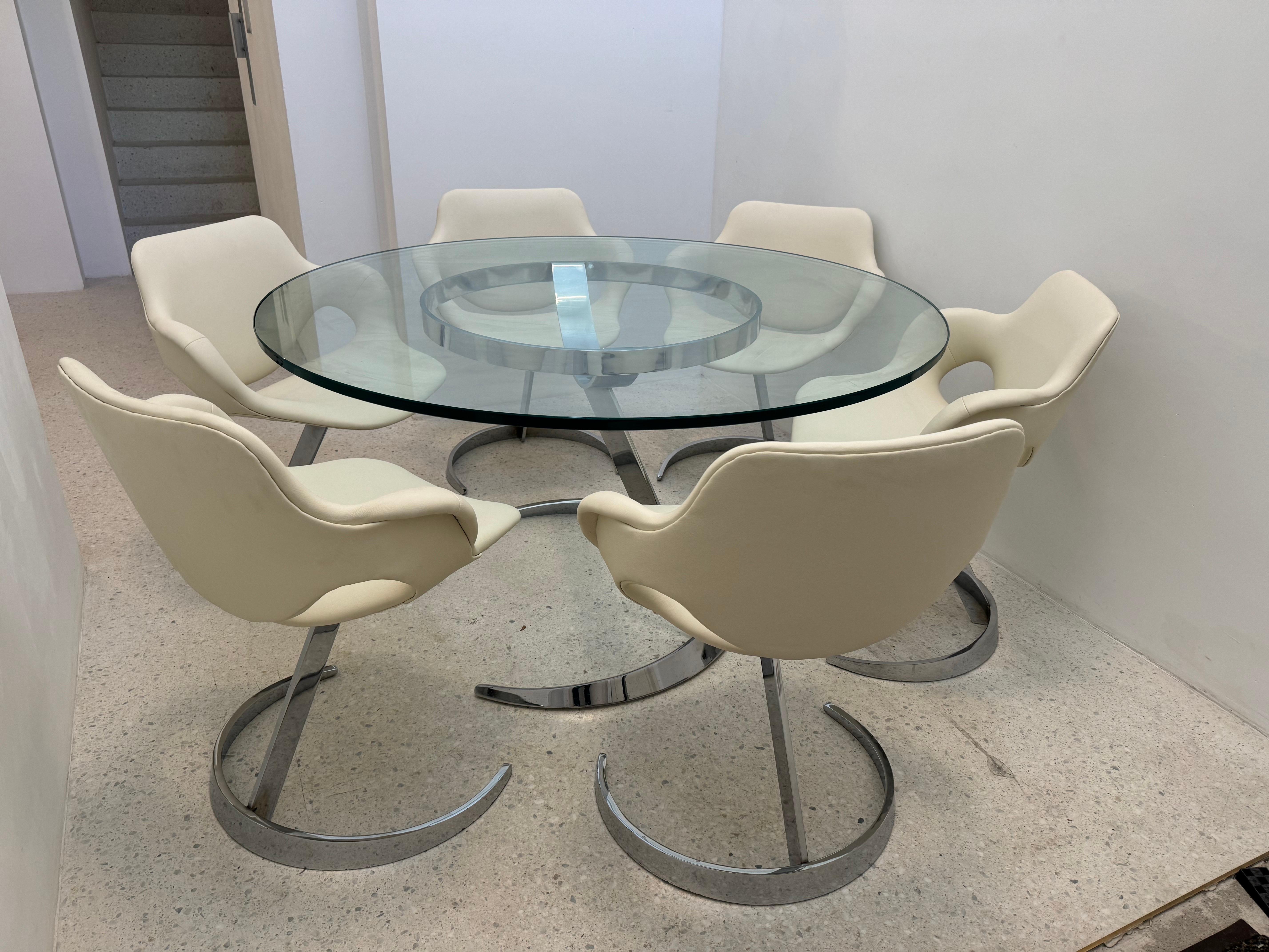 Space Age Boris Tabacoff “Scimitar” Dining Set – 6 Chairs & Glass Table, 1970s For Sale