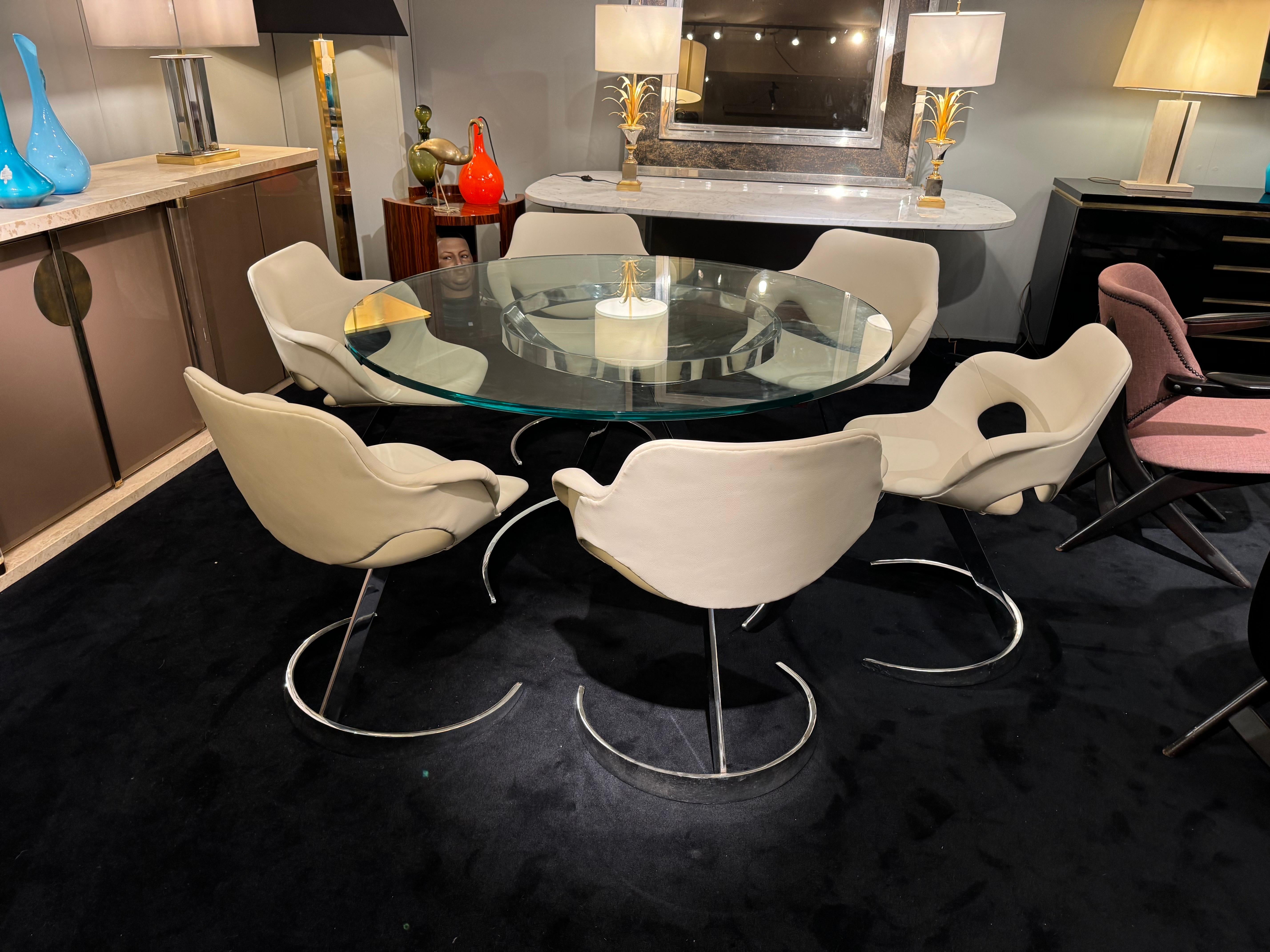 Late 20th Century Boris Tabacoff “Scimitar” Dining Set – 6 Chairs & Glass Table, 1970s For Sale