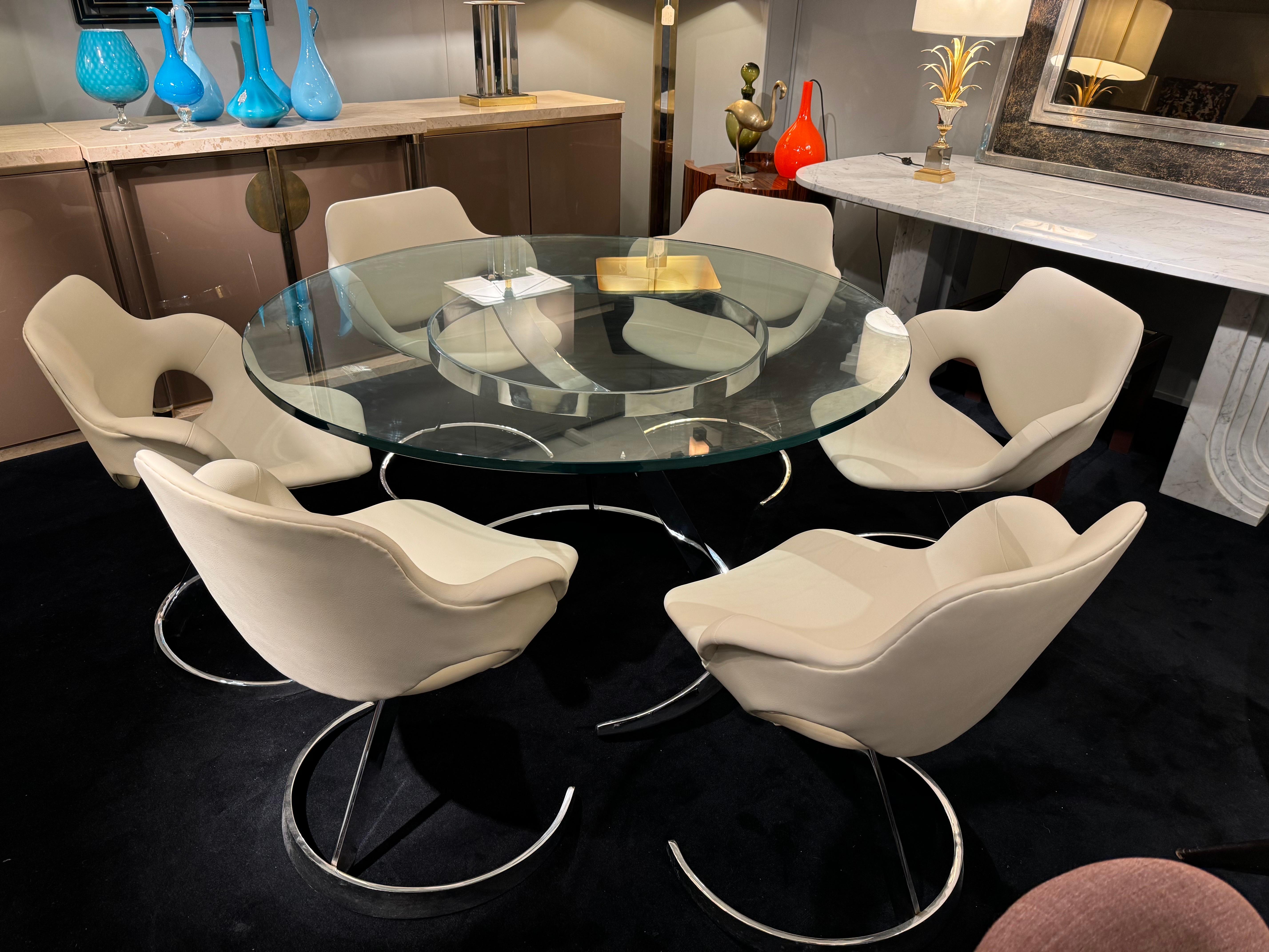 Chrome Boris Tabacoff “Scimitar” Dining Set – 6 Chairs & Glass Table, 1970s For Sale