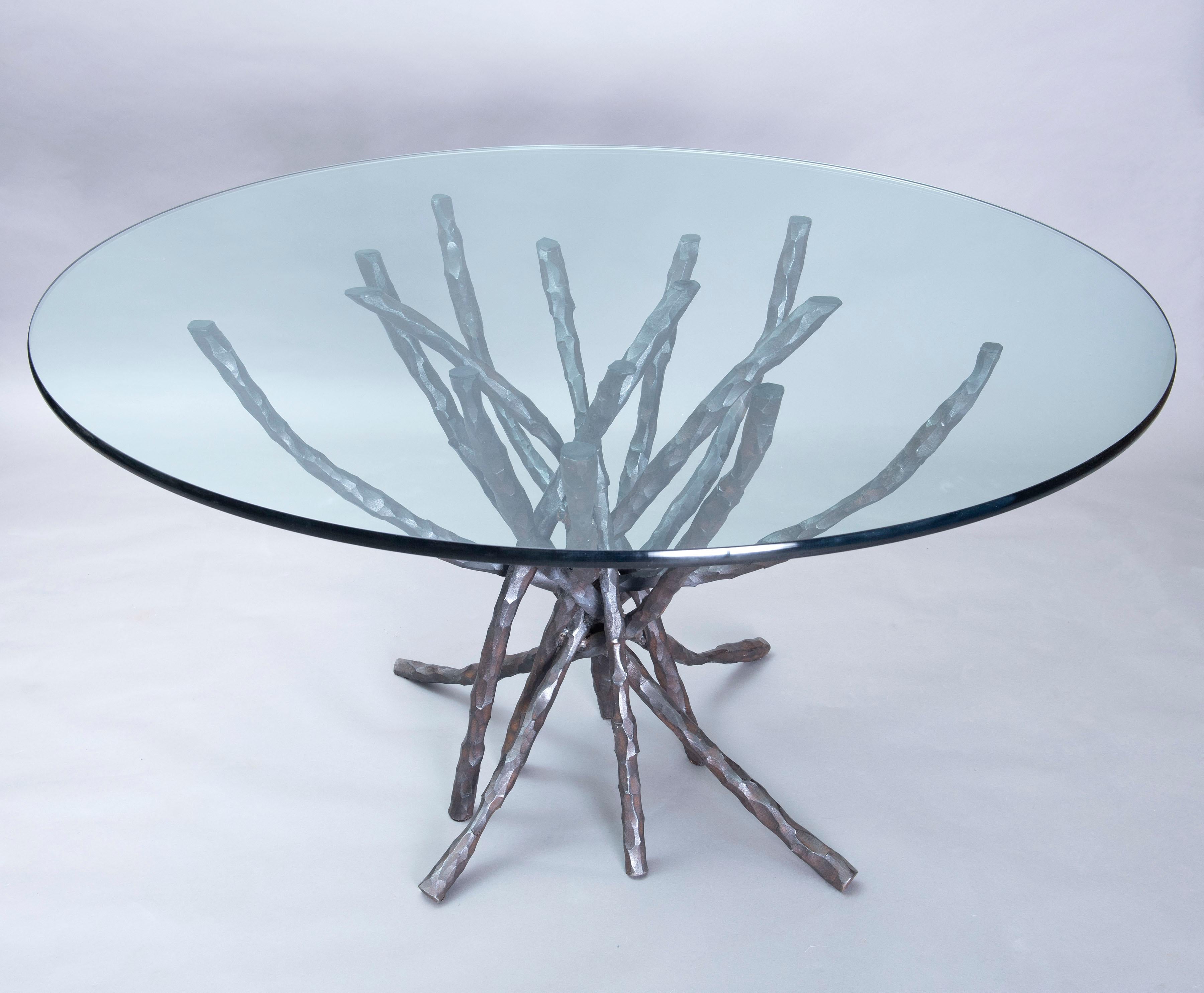 Organic Modern Hammered Iron & Glass Dining Table Table One Of A Kind Sculptural Brutalist  For Sale