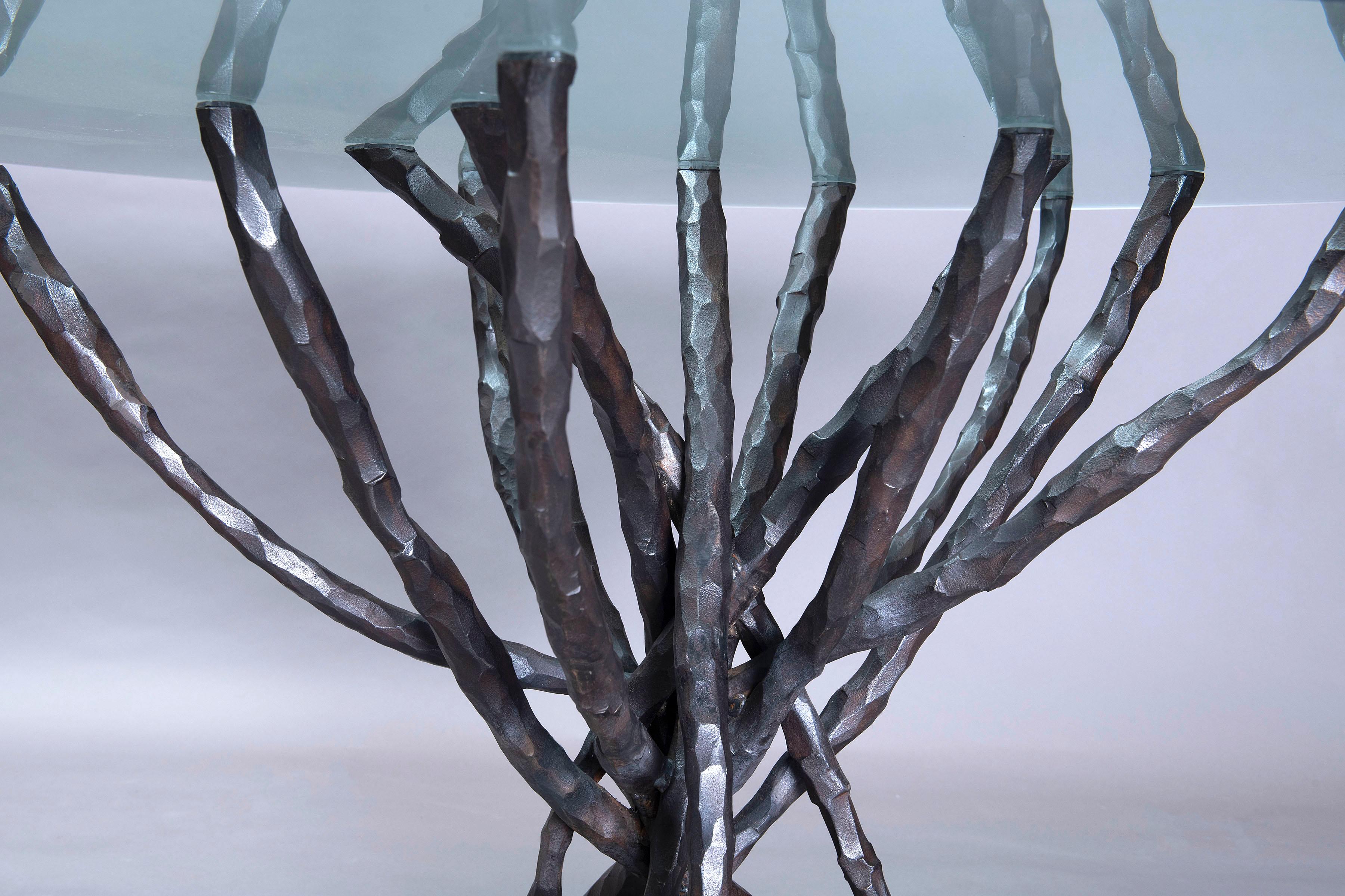 Forged Hammered Iron & Glass Dining Table Table One Of A Kind Sculptural Brutalist  For Sale