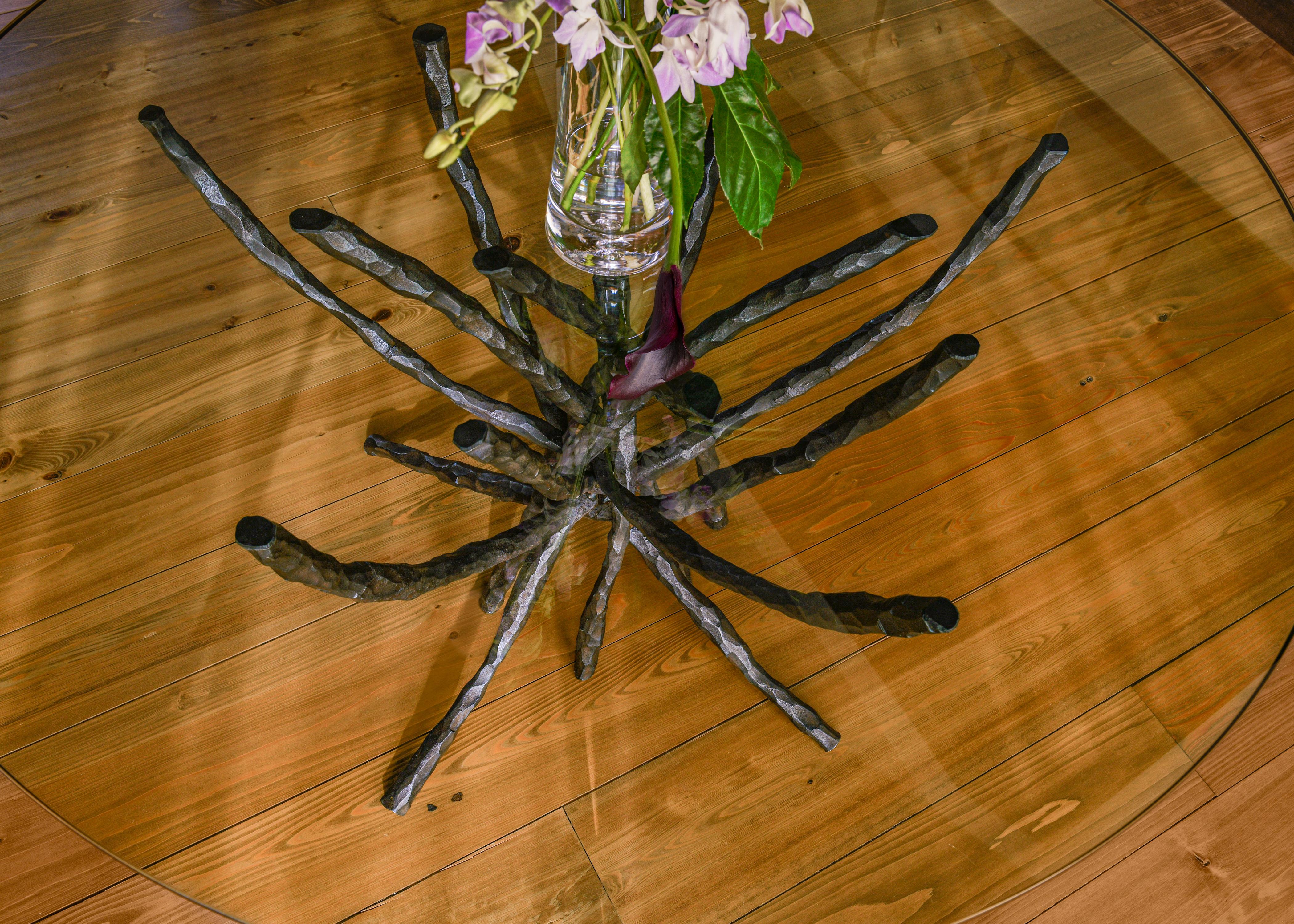 Hammered Iron & Glass Dining Table Table One Of A Kind Sculptural Brutalist  In New Condition For Sale In East Hampton, NY