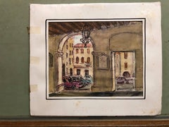 Aquarelle d'une arcade colonnisée d'architecture européenne