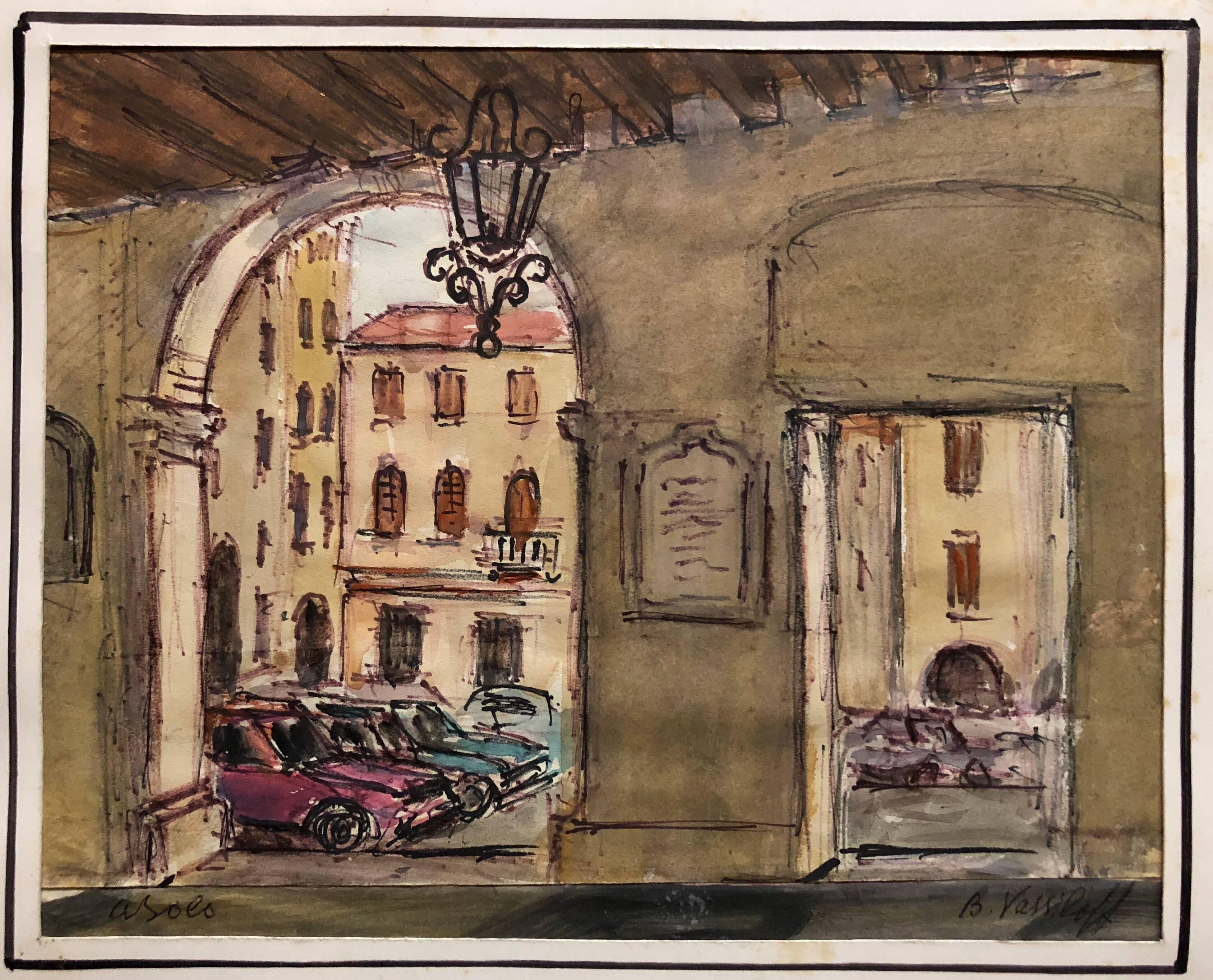 European Architectural Colonnaded Arcade Watercolor Painting