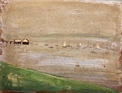 Peinture à l'huile représentant un paysage marin avec un bateau à Long Island, New York