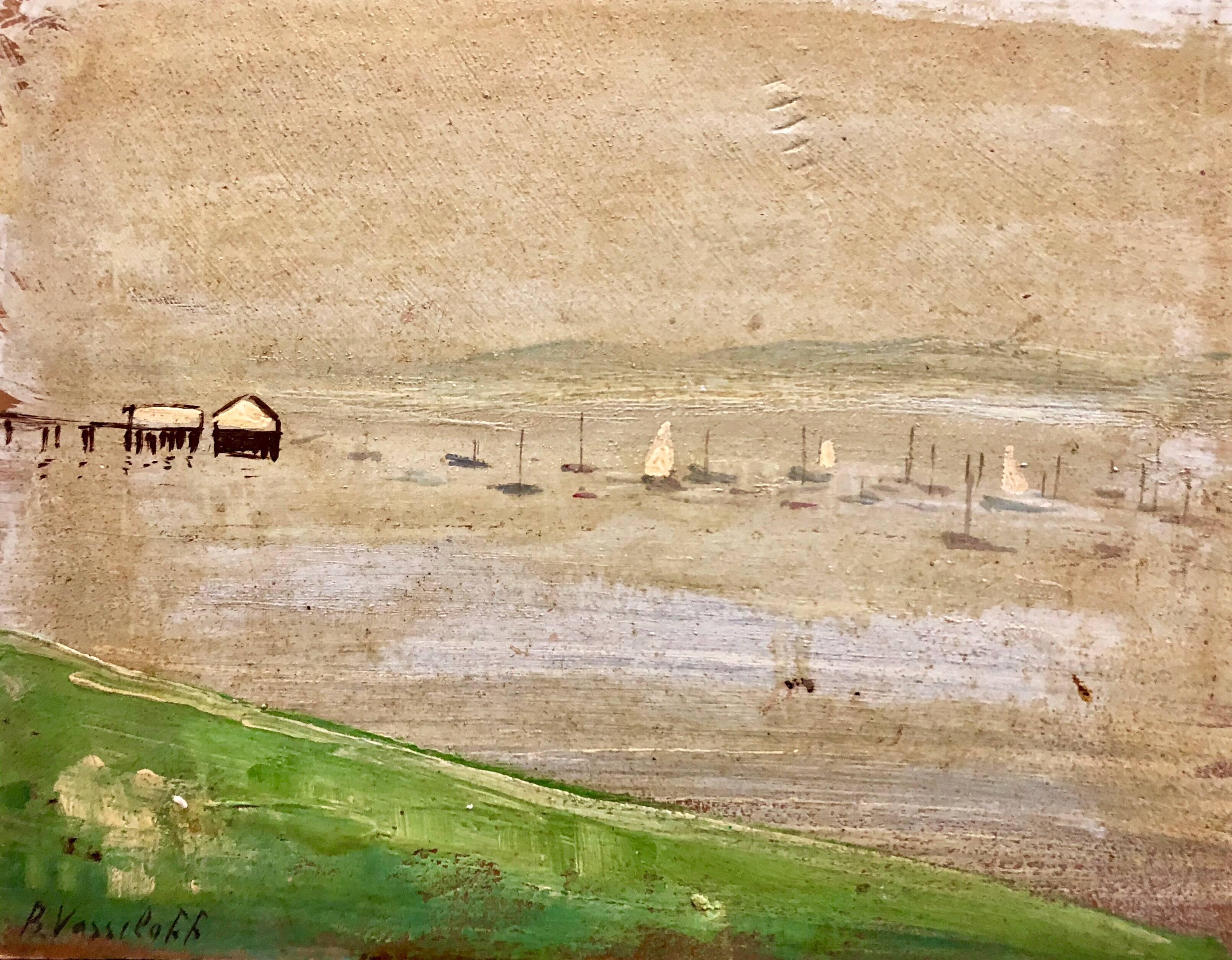 Boris Vassiloff Landscape Painting - Marinescape with Boat Long Island NYC Oil Painting