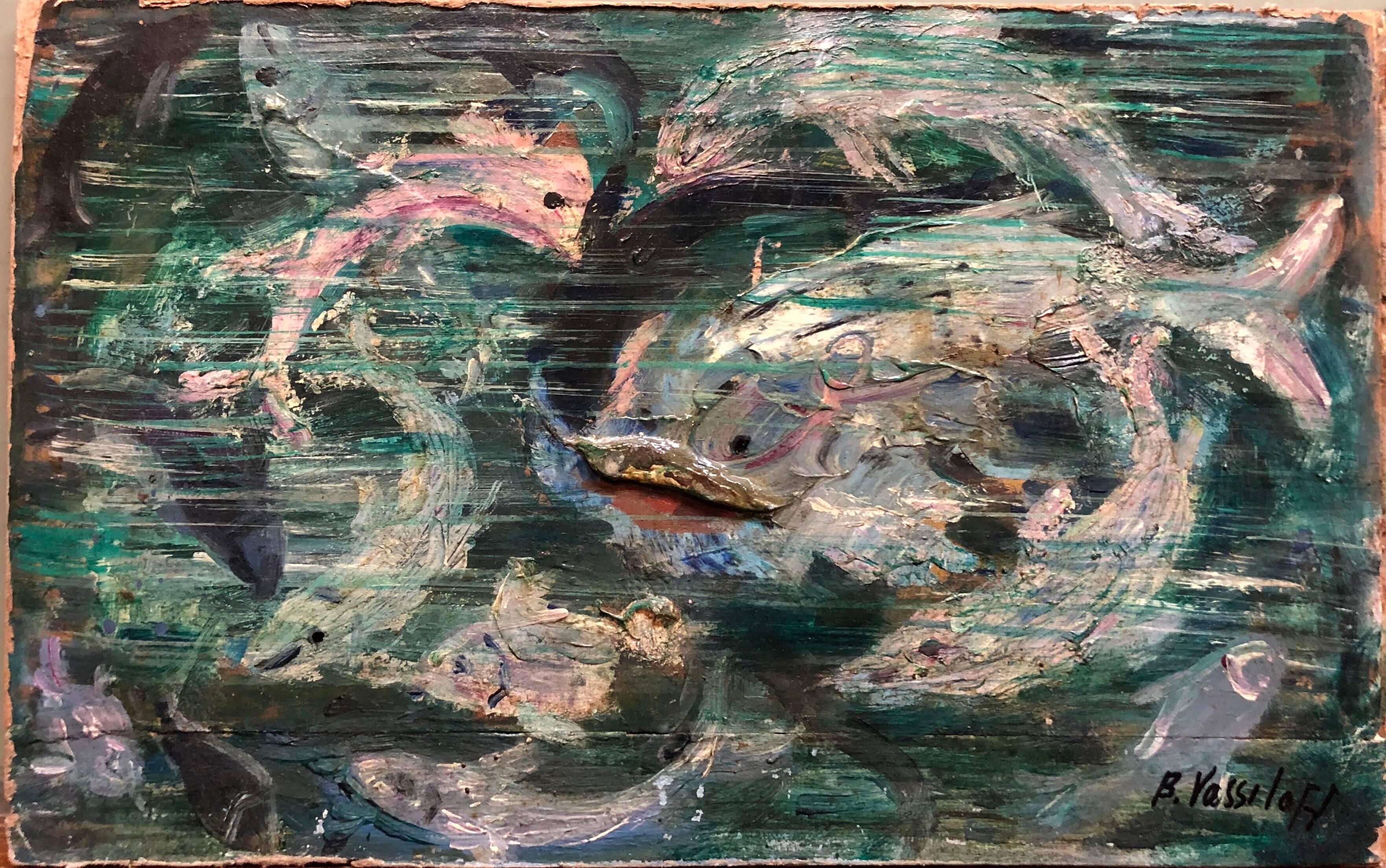 Mixed Media Under Sea Fish Fantasy Oil Painting - Gray Landscape Painting by Boris Vassiloff