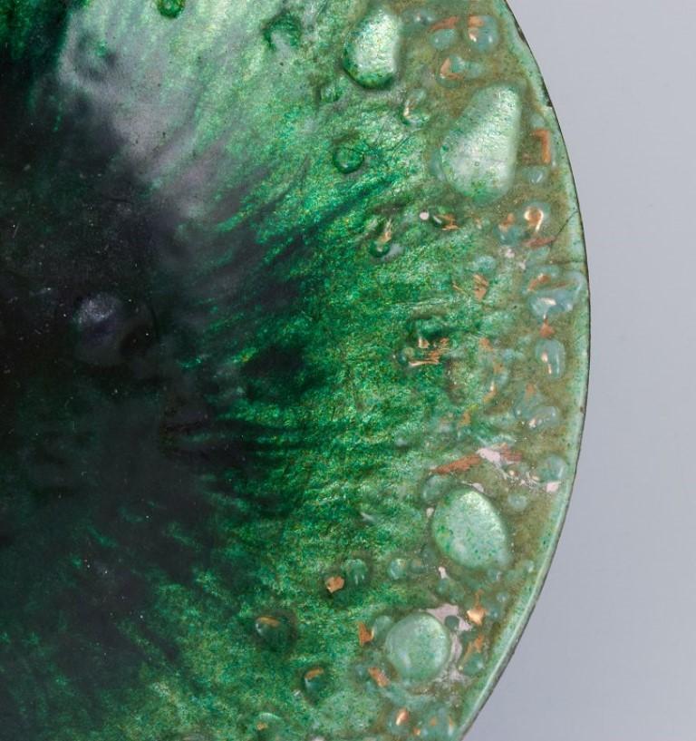 Enameled Boris Veisbrot (1903-2011) for Limoges, France. Enamel bowl in green tones. For Sale