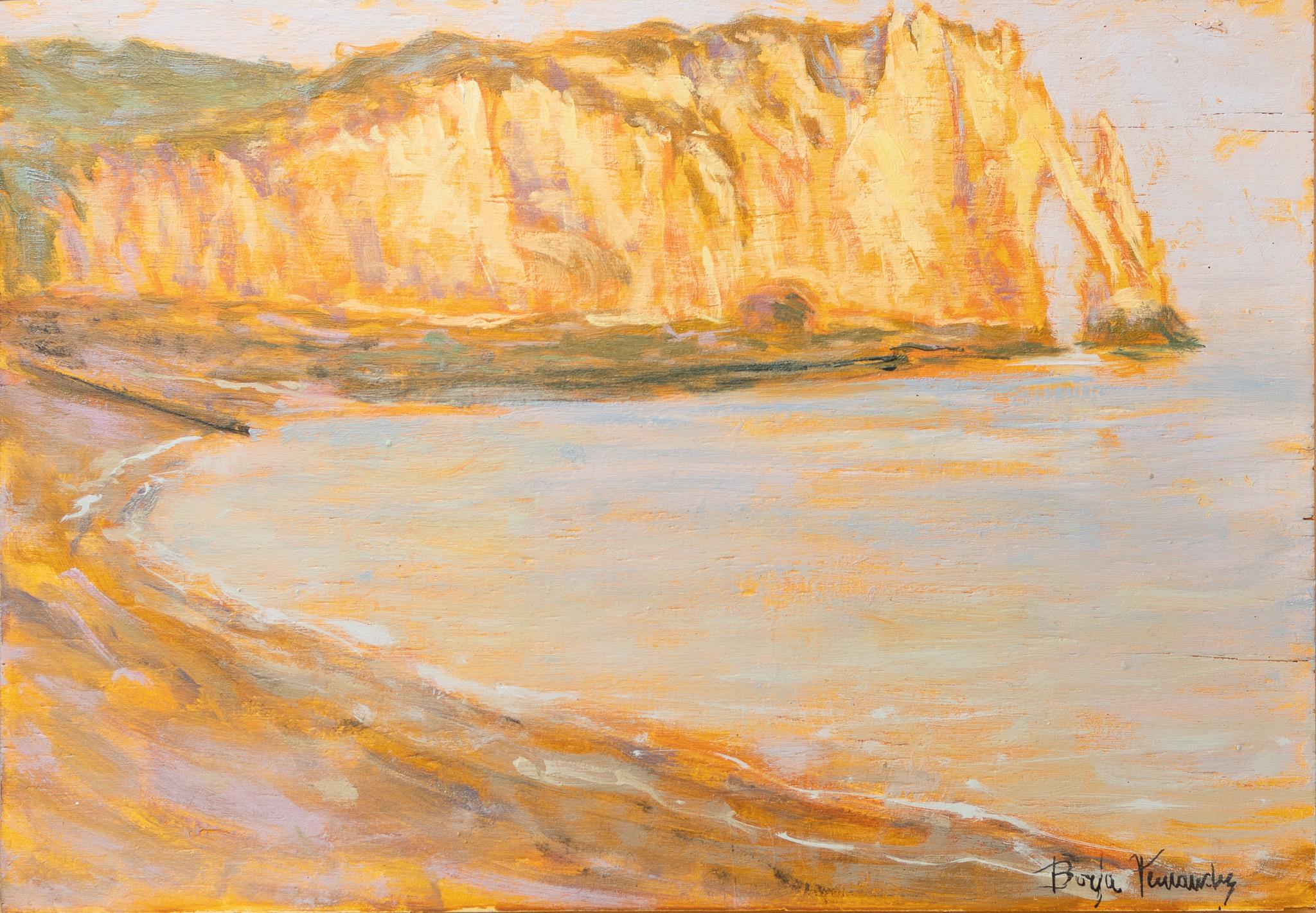 Borja Fernandez Landscape Painting - "Falaise D'aval" French Coastal Landscape with Cliffs at Sunset