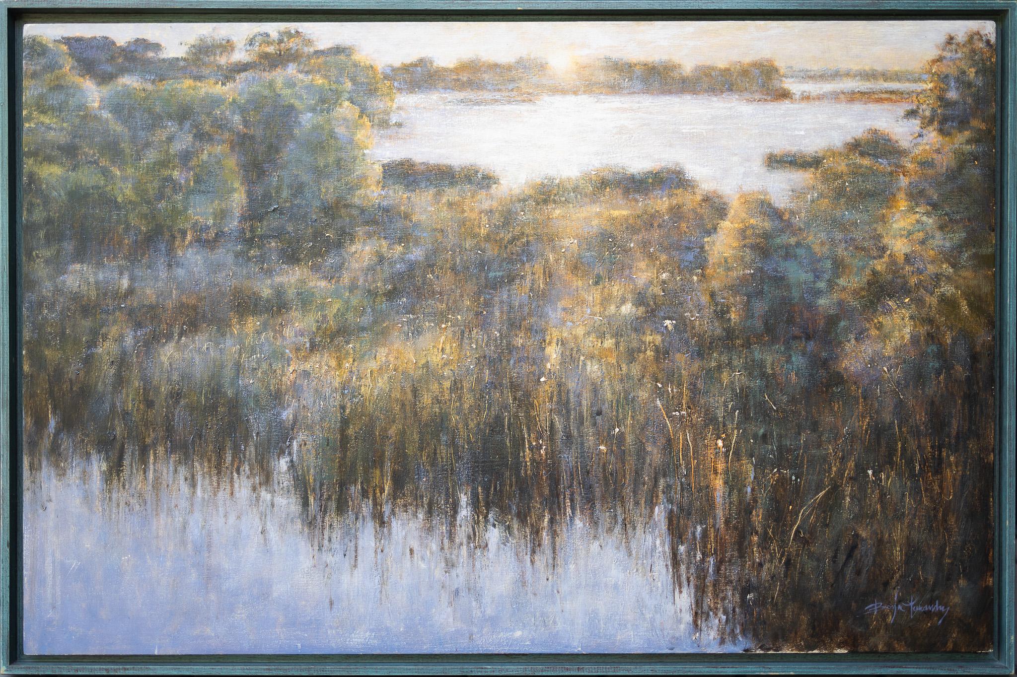 La Canariega (Doñana) - Nature Landscape Sunrise Lake River Coastal Water Forest - Painting by Borja Fernandez
