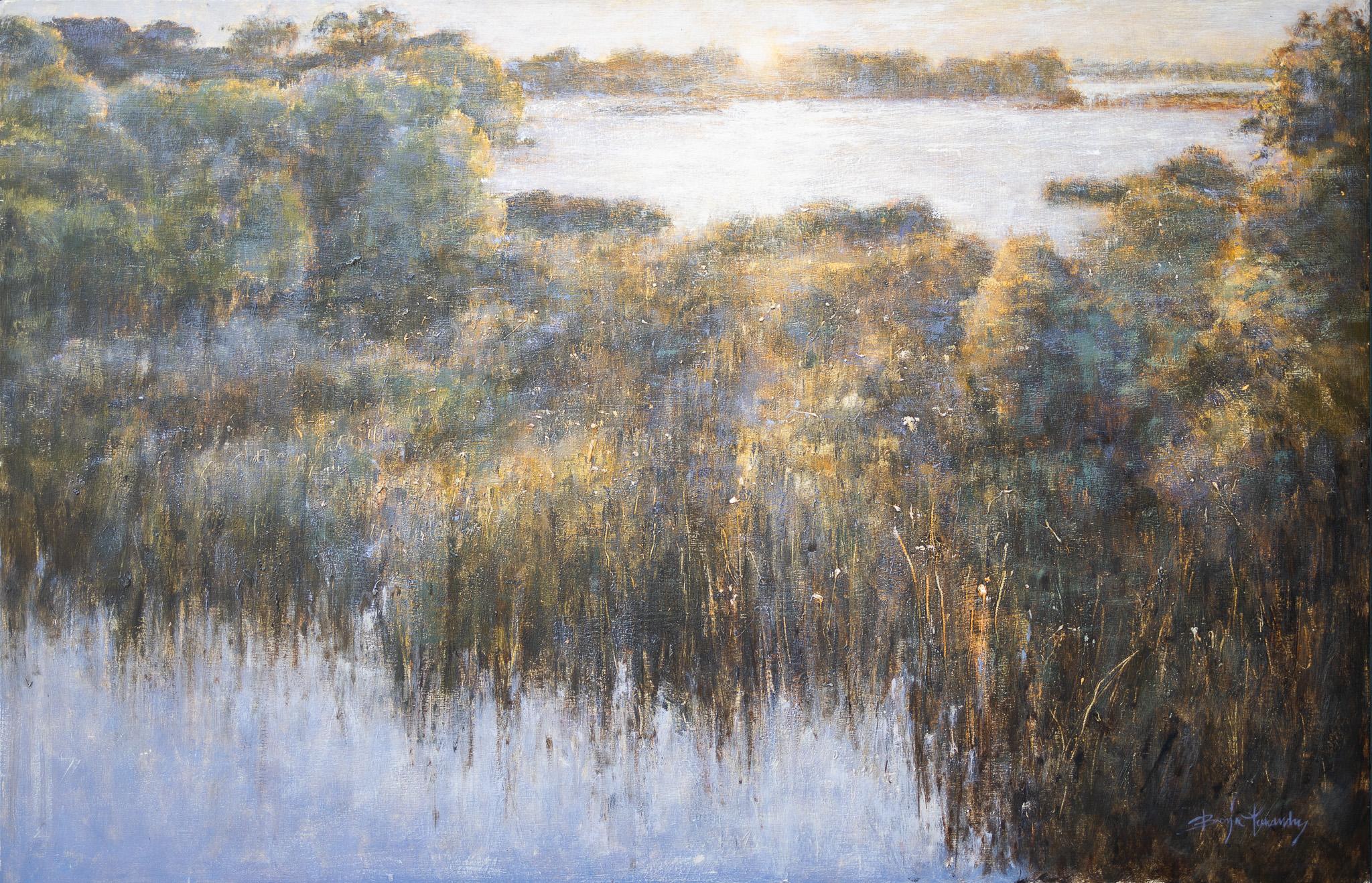 Borja Fernandez Landscape Painting - La Canariega (Doñana) - Nature Landscape Sunrise Lake River Coastal Water Forest