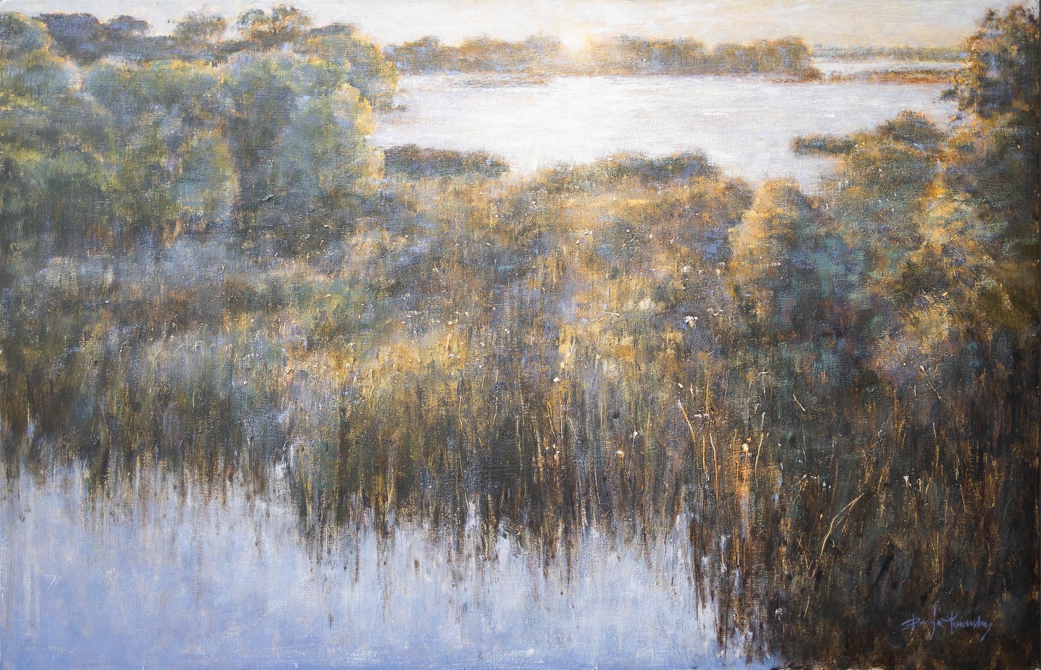 Landscape Painting de Borja Fernandez - La Canariega (Doñana) - Naturaleza Paisaje Amanecer Lago Río Costa Agua Bosque