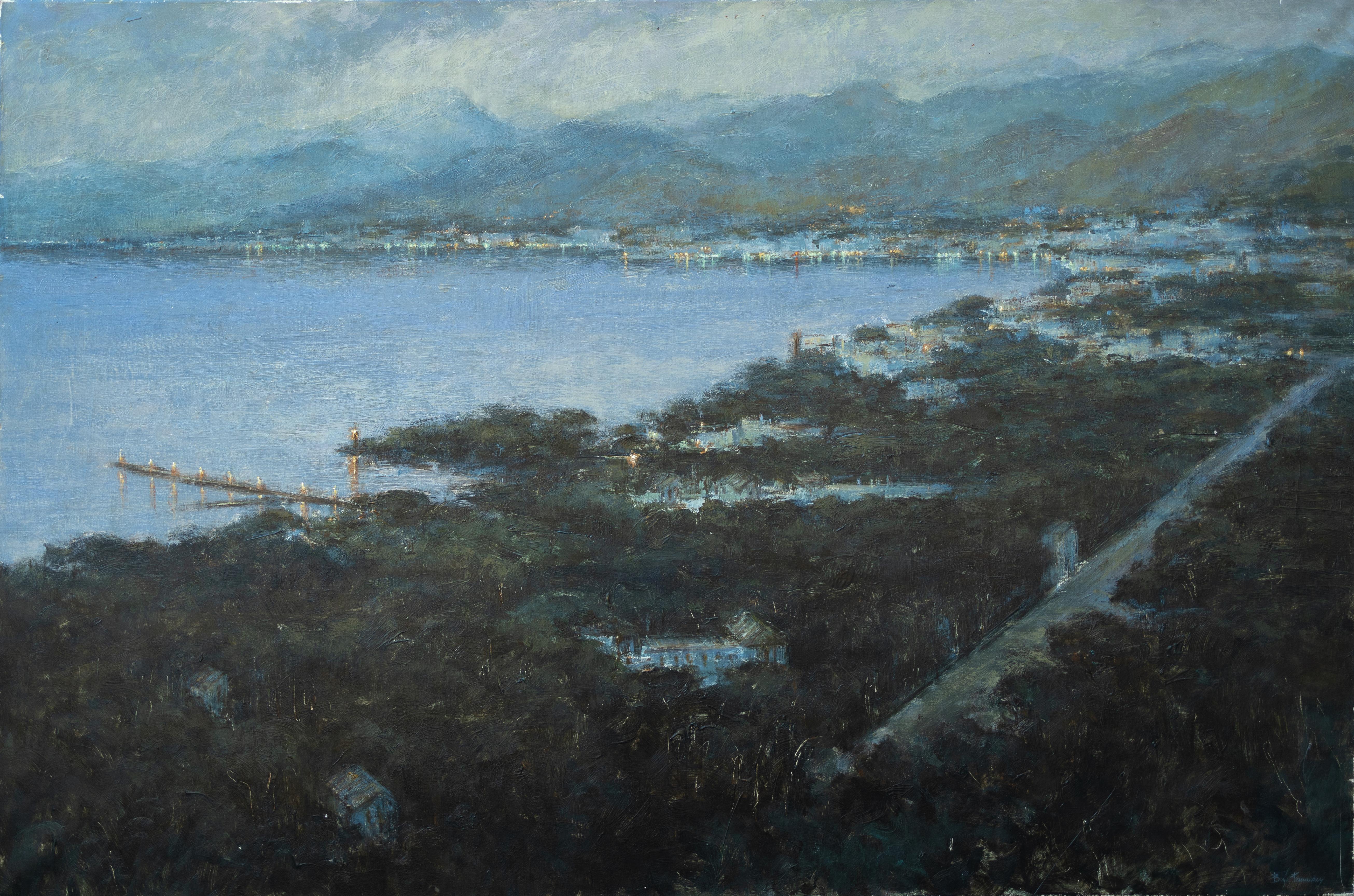 Borja Fernandez Landscape Painting - "Pollensa at Night", Impressionist Coastline Landscape Scene