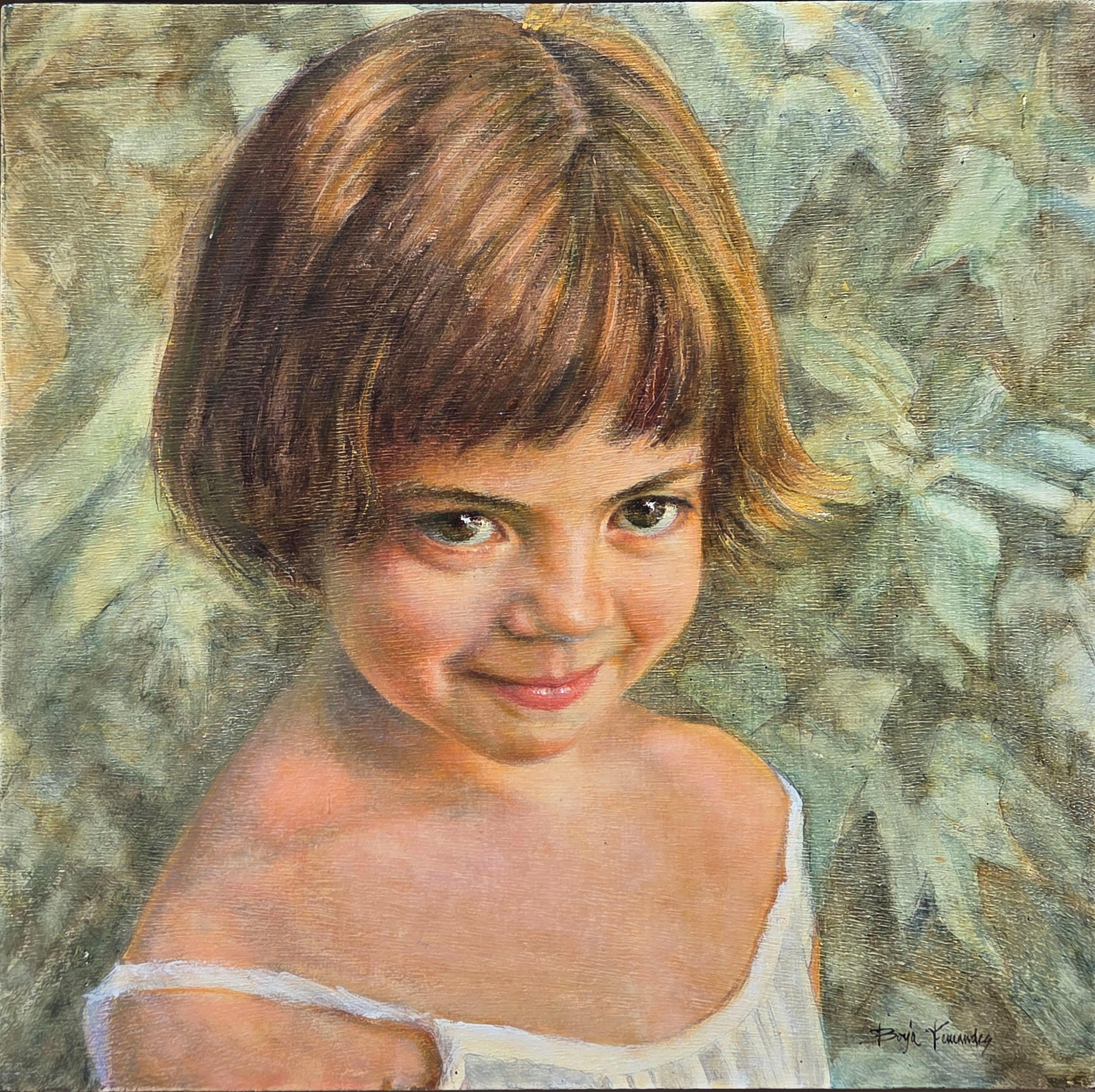 "Retrato de María" Pintura al óleo Niña con sonrisa querúbica Ojos grandes Verde