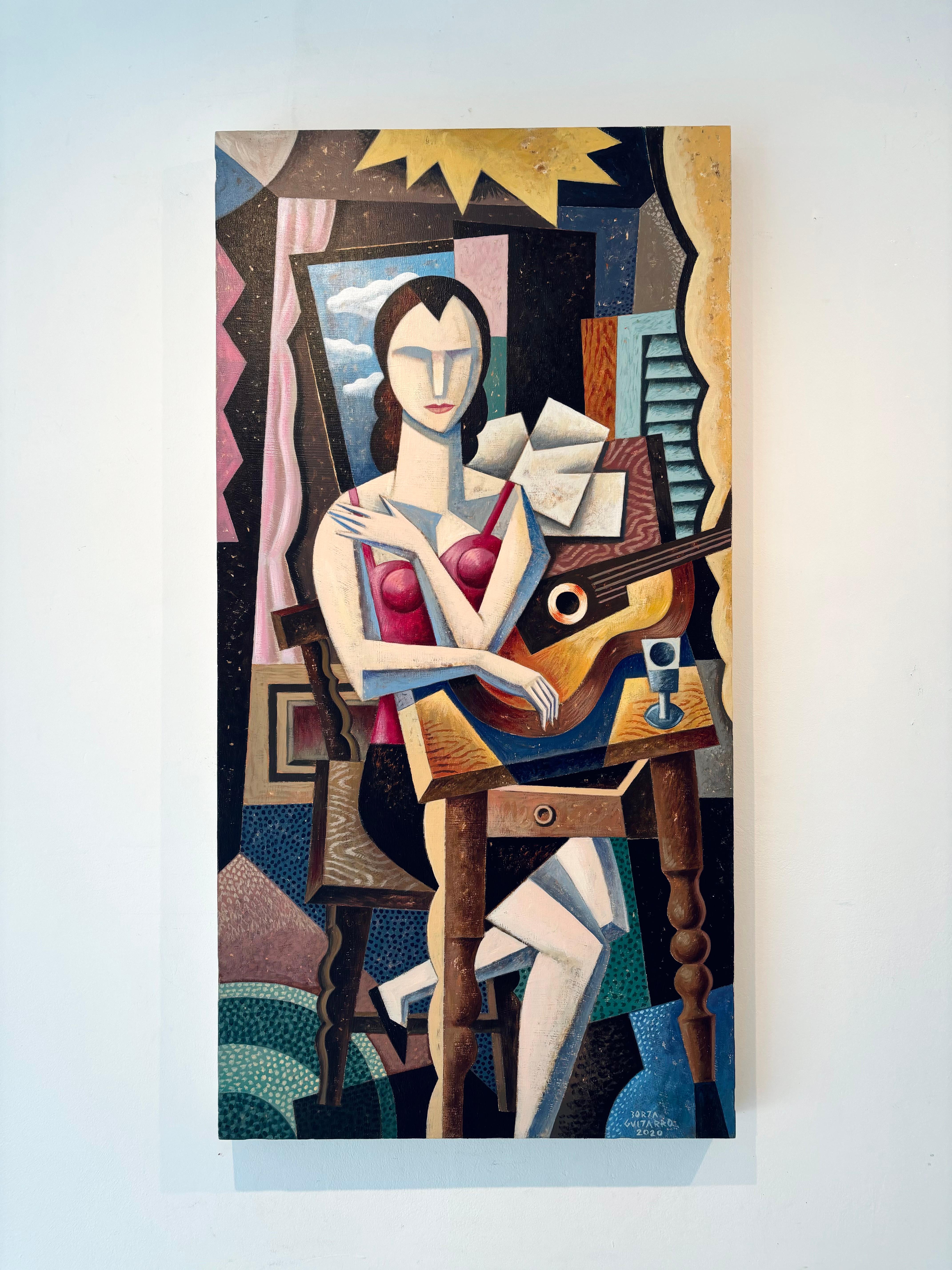 Amelie mit Gitarre-originales kubistisches Stilleben-zeitgenössische Kunst – Painting von Borja Guijarro
