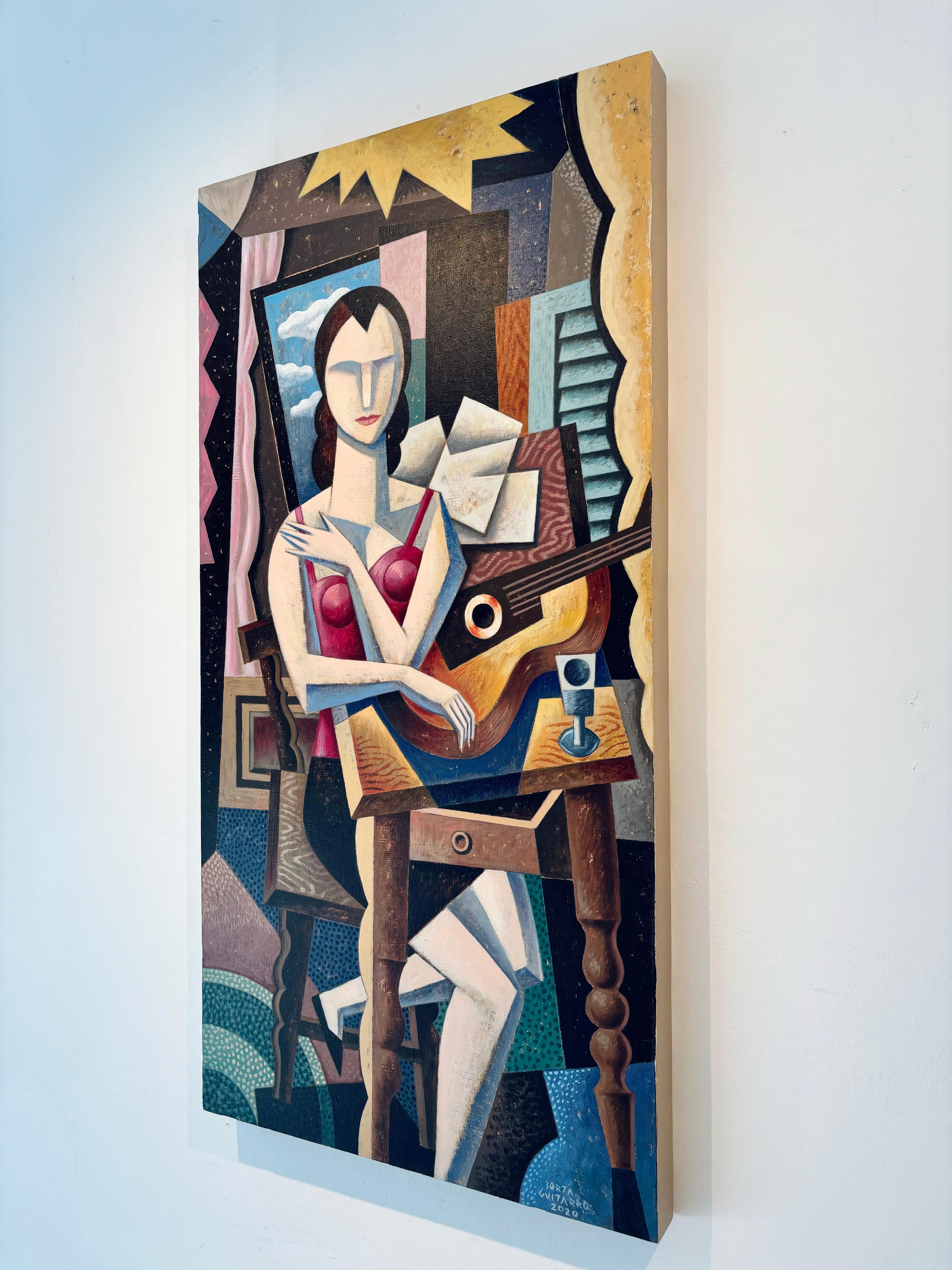 Amelie mit Gitarre-originales kubistisches Stilleben-zeitgenössische Kunst (Kubismus), Painting, von Borja Guijarro