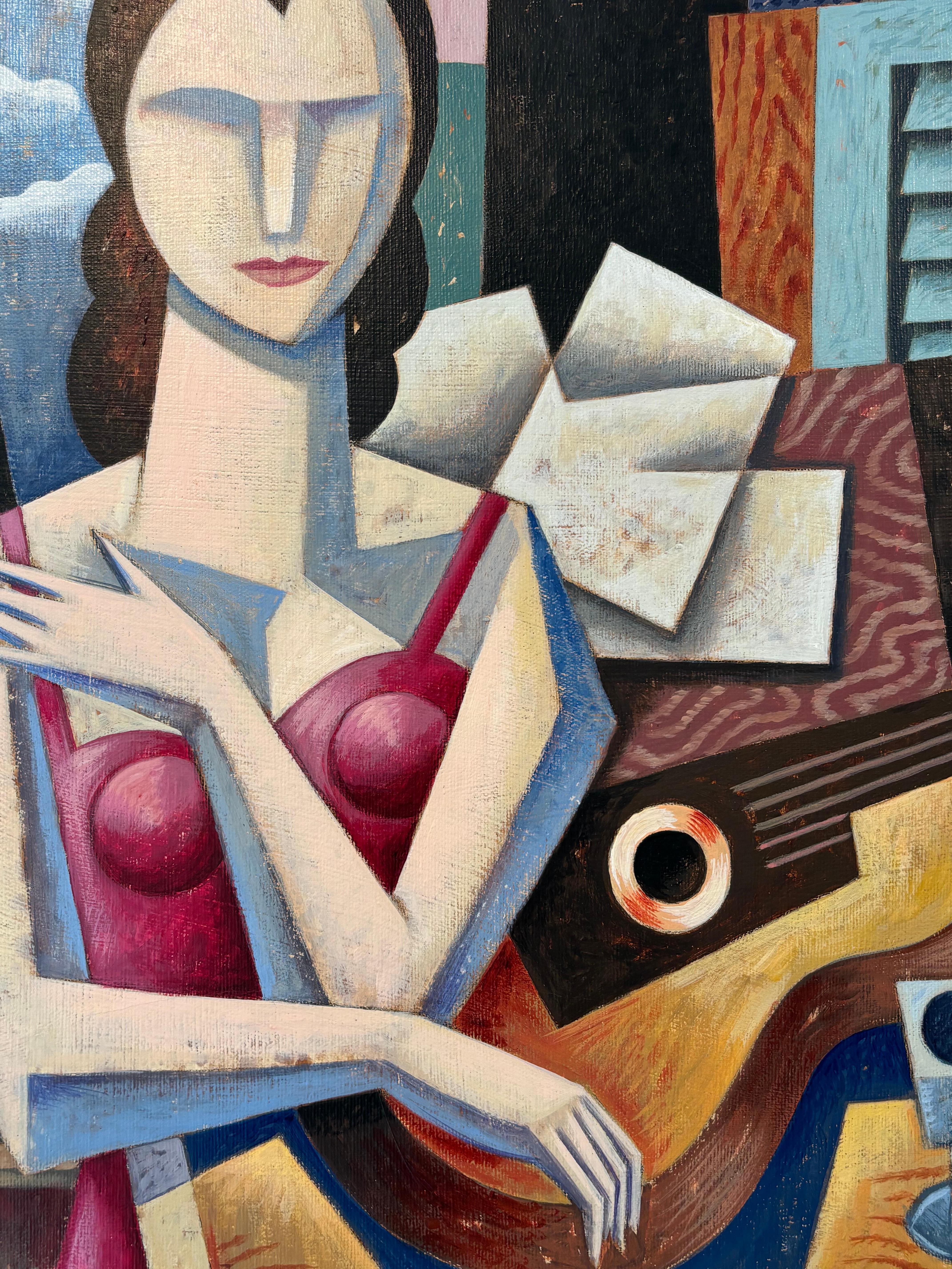Amelie con guitarra-pintura cubista original de bodegón- Arte contemporáneo - Figurative Painting Marrón de Borja Guijarro