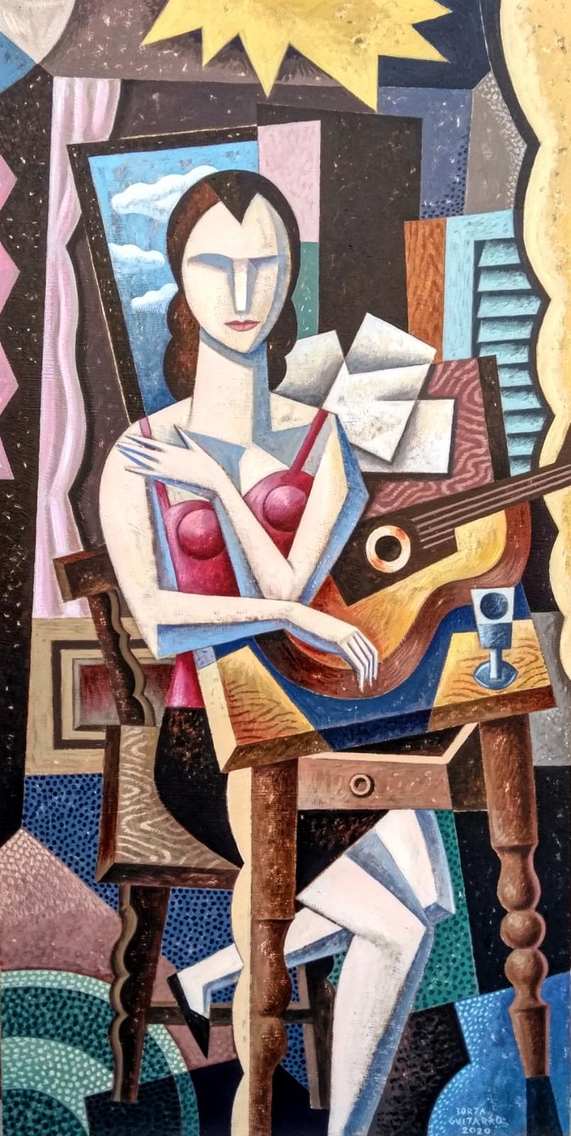 Amelie mit Gitarre – originelle neue figurative Stilllebenmalerei des Kubismus – Kunst