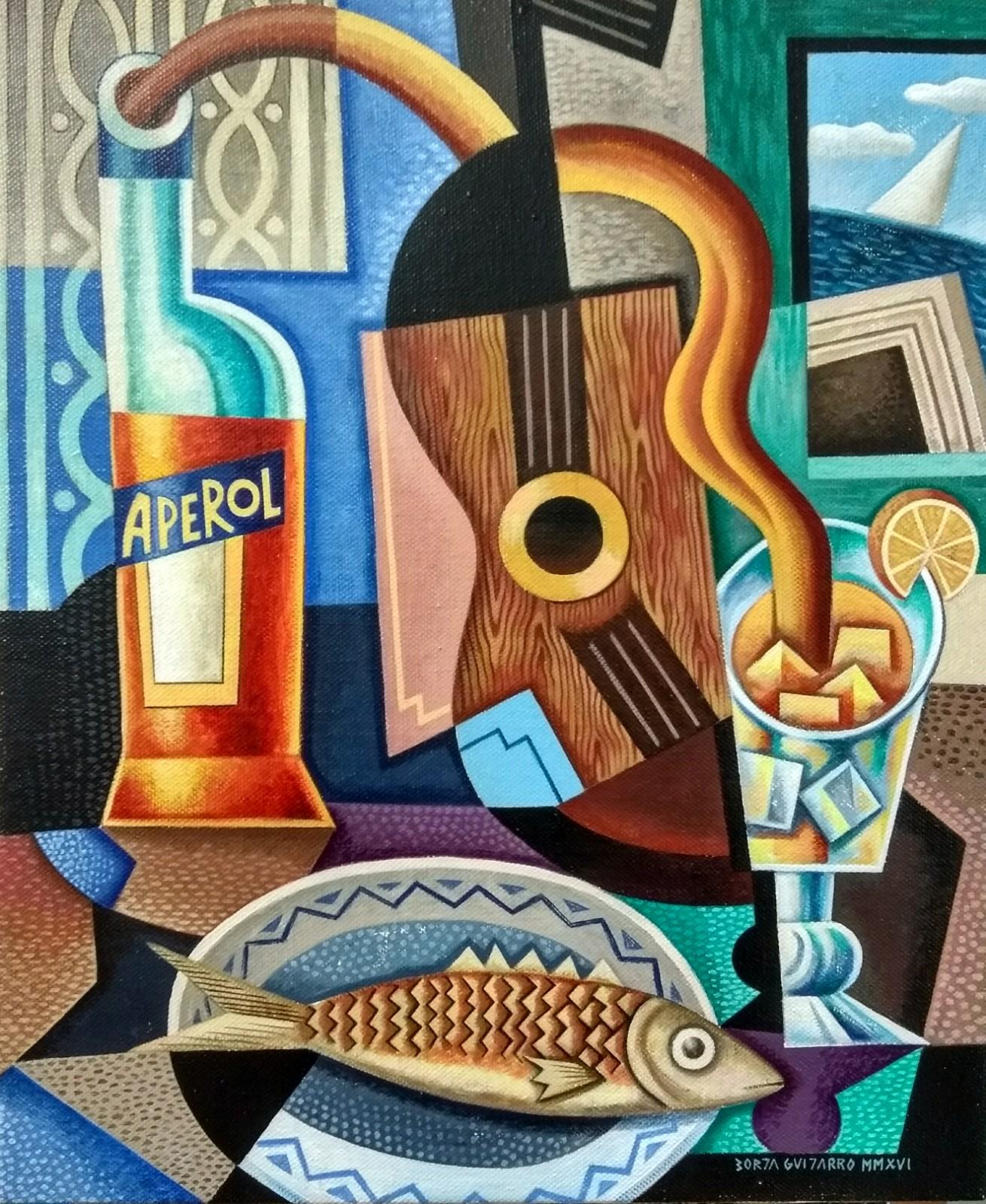 Aperol original still life cubism painting - Painting by Borja Guijarro