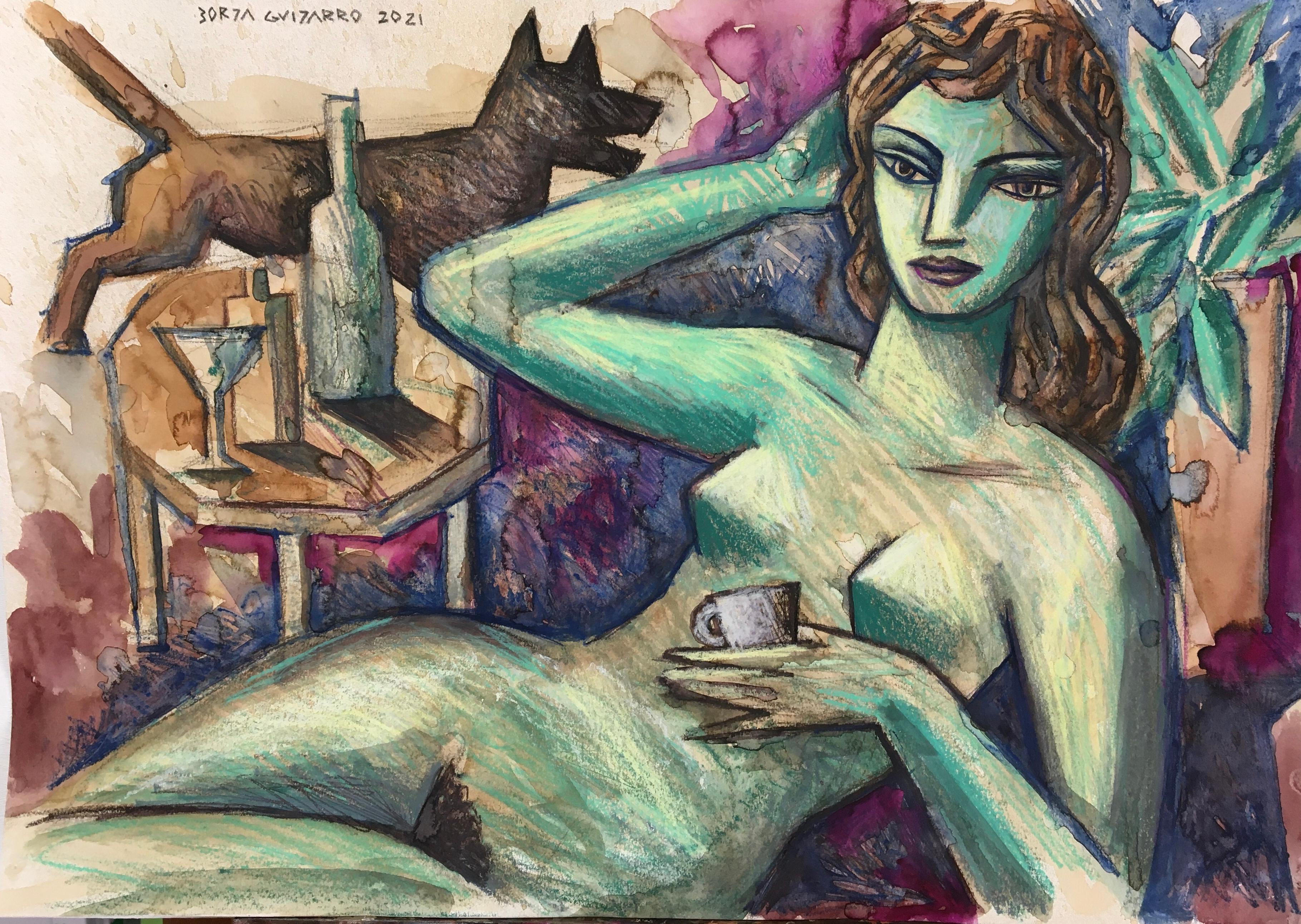 Borja Guijarro Still-Life Painting - Black Dog - original cubism portrait nude artwork modern female form naked 