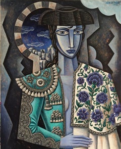 Peinture de portrait figurative abstraite espagnole « Blue Bullfighter » de style cubiste