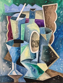 Blue Gin - original abstract painting modern contemporary cubism