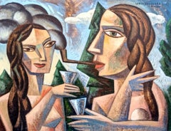 Brindis en el Bosque - original cubism abstract female figures portrait artwork