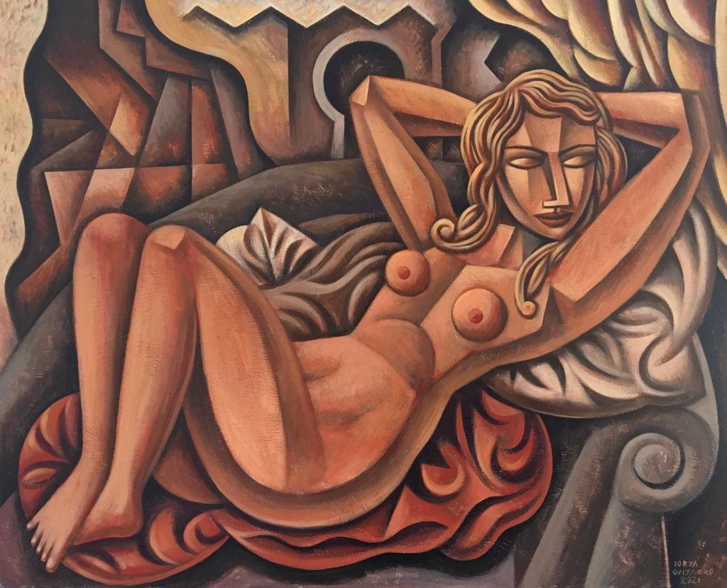 Borja Guijarro Figurative Painting - Brown Velvet - cubism artwork abstract figurative spanish portrature female form