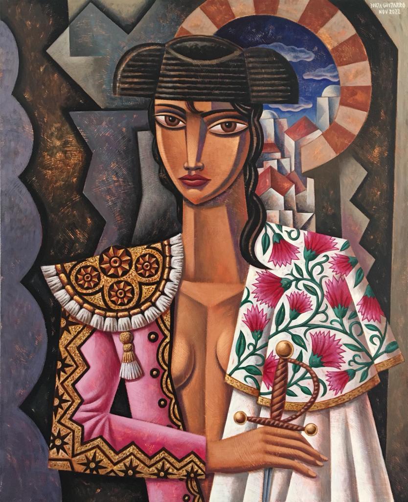 Borja Guijarro Figurative Painting - Bullfighter in Pink - abstract cubist figure human portrait Spanish acrylic art