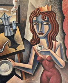 Cafe Queen - original figure surreal cubism painting modern abstraction study