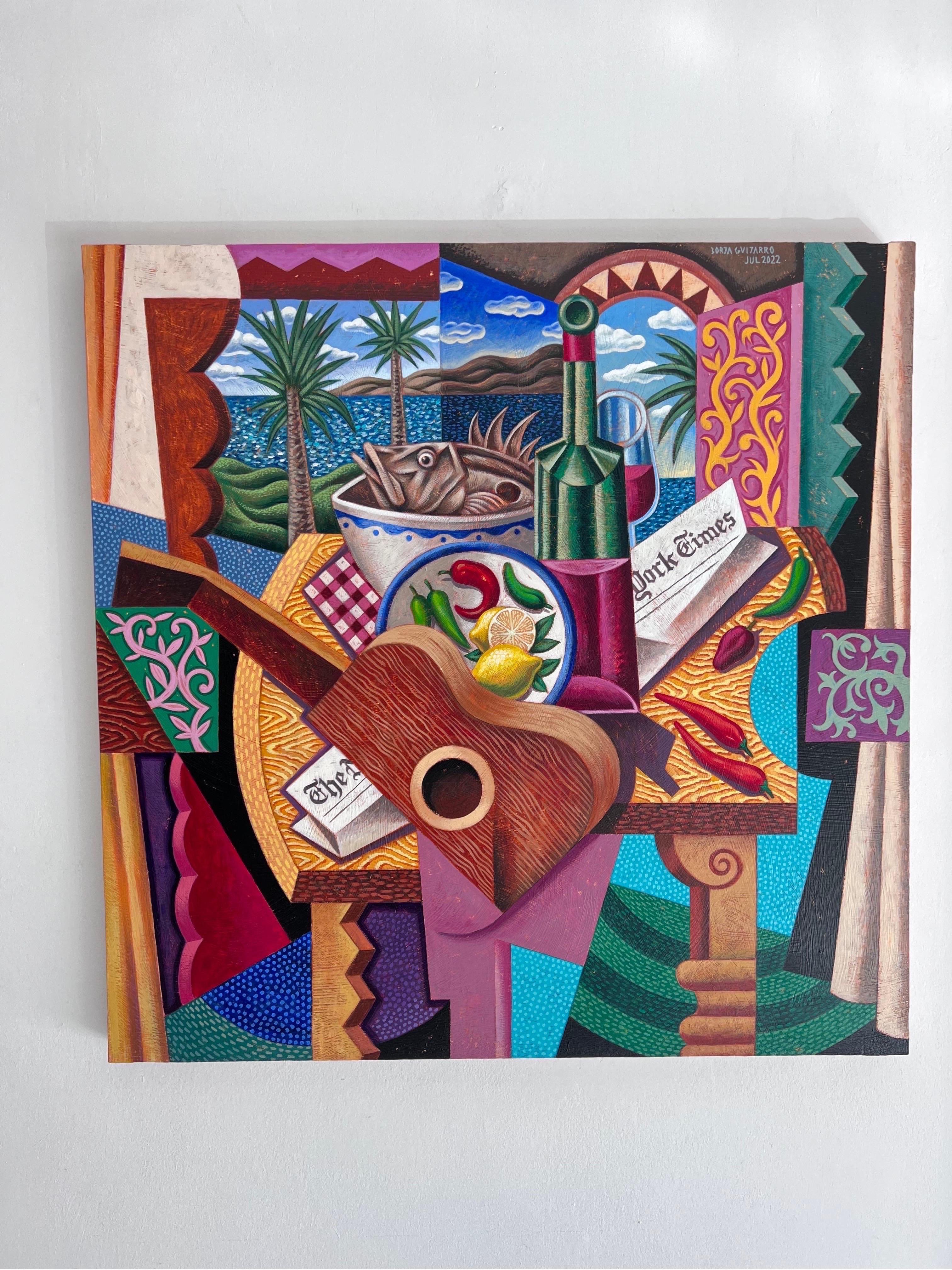 Nature morte Chillies - peinture acrylique de forme géométrique abstraite cubiste contemporaine - Painting de Borja Guijarro