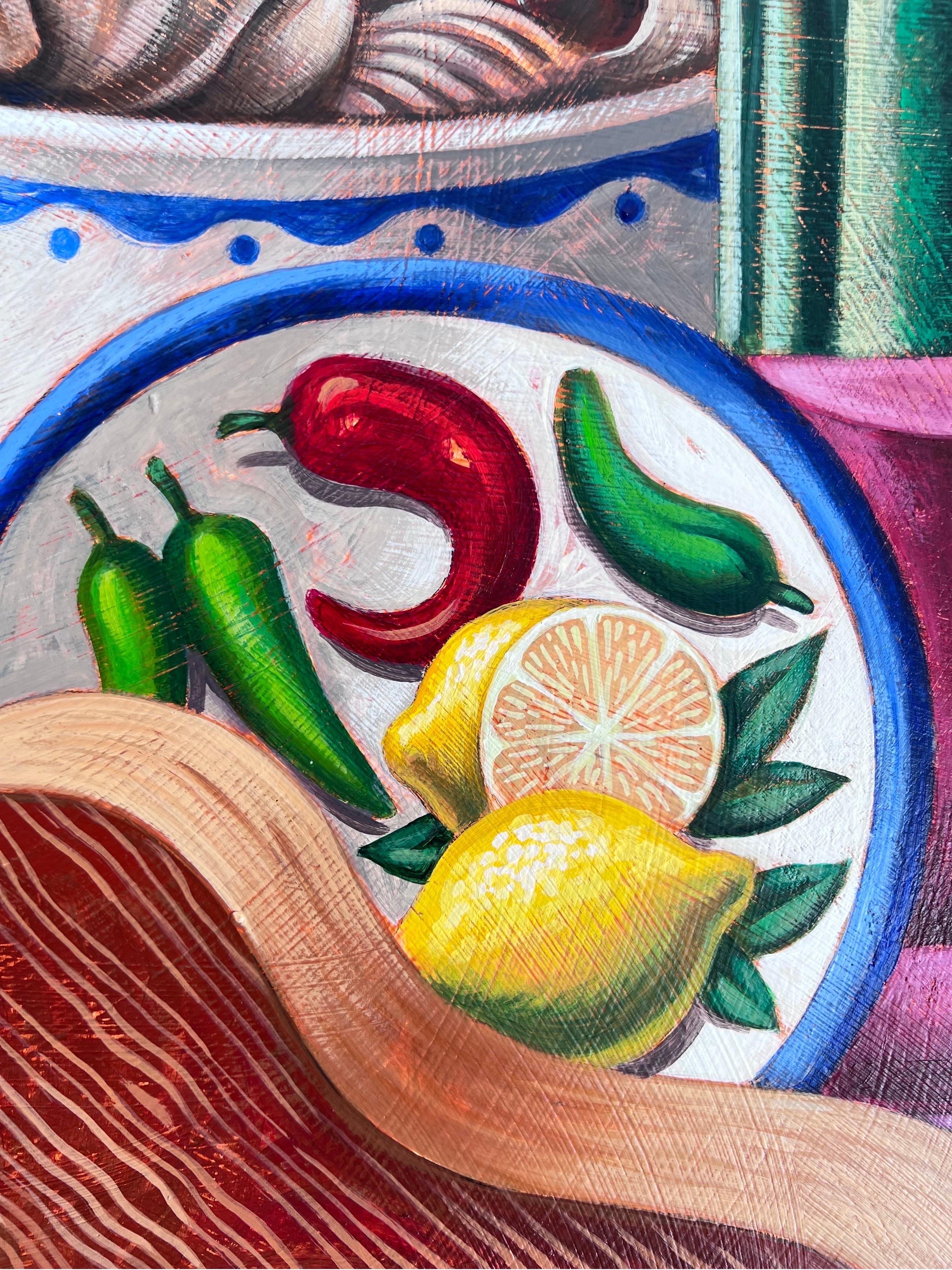 Chiles Naturaleza muerta-original cubismo Interior paisaje marino pintura Arte contemporáneo - Abstract Painting Gris de Borja Guijarro