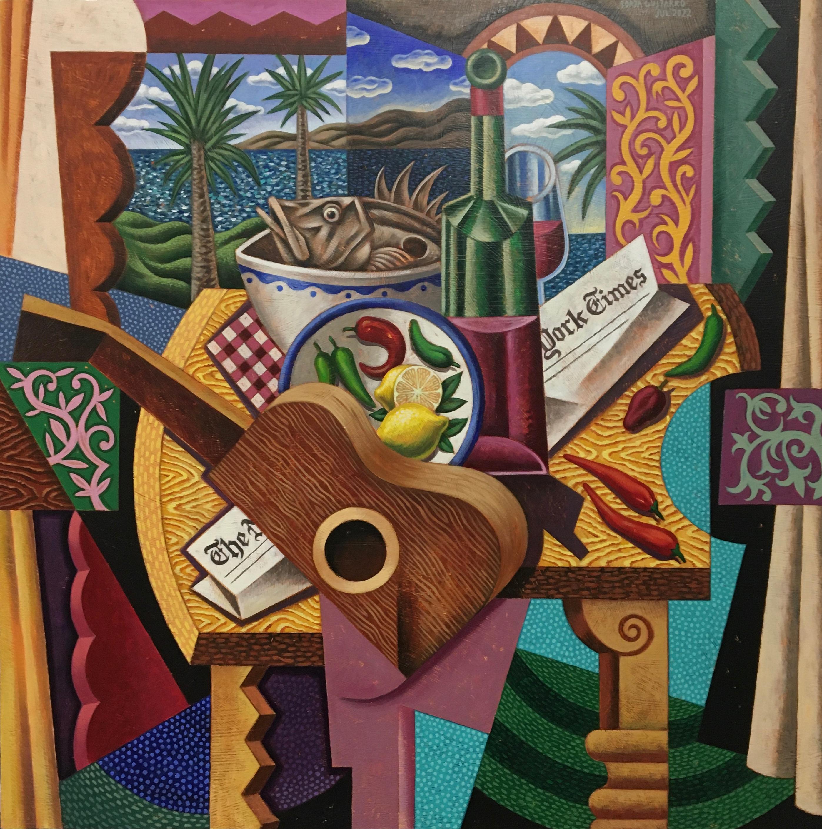 Chillies Still Life-originale cubismo Interior seascape painting arte contemporanea