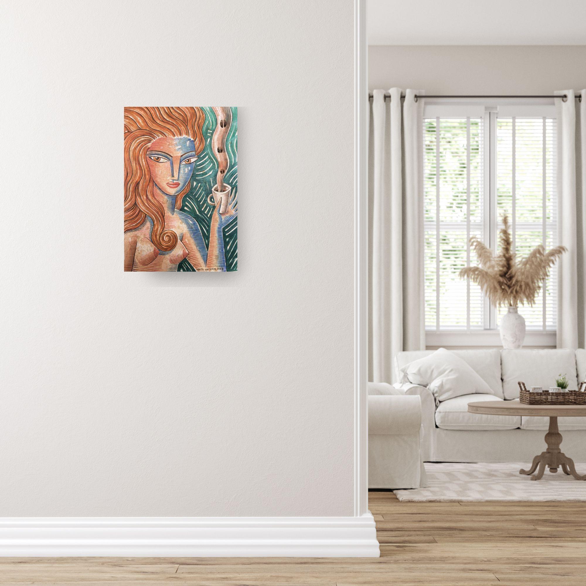 Coffee Doll - original portrait woman colour still life painting cubism modern - Painting de Borja Guijarro