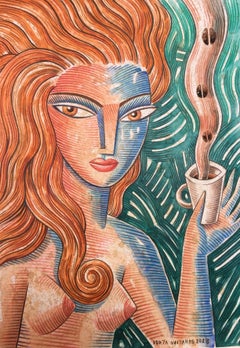 Coffee Doll - original portrait woman colour still life painting cubism modern
