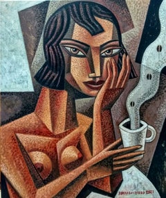El Cafe y Ella - original contemporary female nude figure cubism painting
