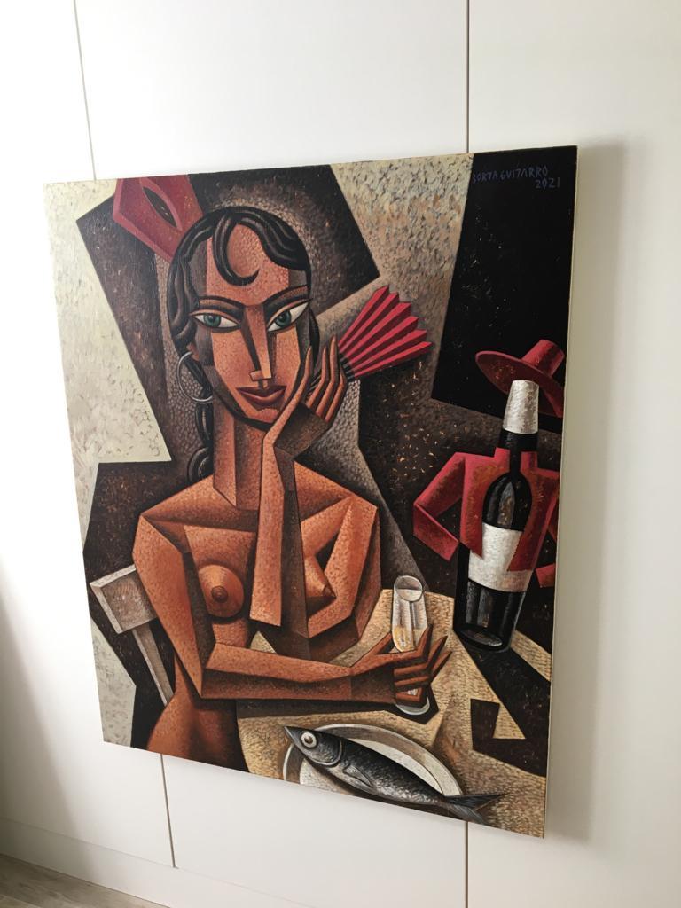 Gitanilla - original Tio Pepe Spain female figure cubism painting contemporary - Painting by Borja Guijarro