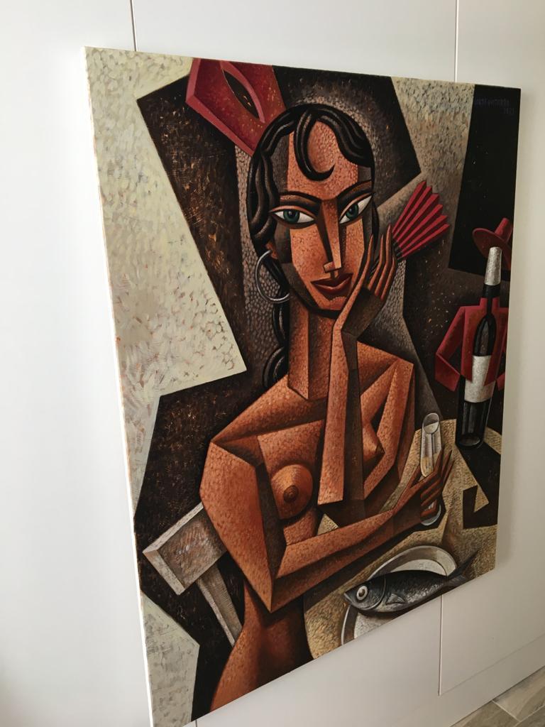 Gitanilla - original Tio Pepe Spain female figure cubism painting contemporary - Cubist Painting by Borja Guijarro