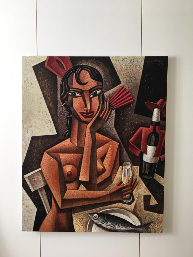 Gitanilla - original Tio Pepe Spain female figure cubism painting contemporary - Black Still-Life Painting by Borja Guijarro
