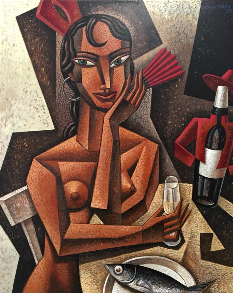 Borja Guijarro Still-Life Painting - Gitanilla - original Tio Pepe Spain female figure cubism painting contemporary