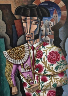 Or et mauve - portrait d'homme cubiste abstrait - art acrylique espagnol
