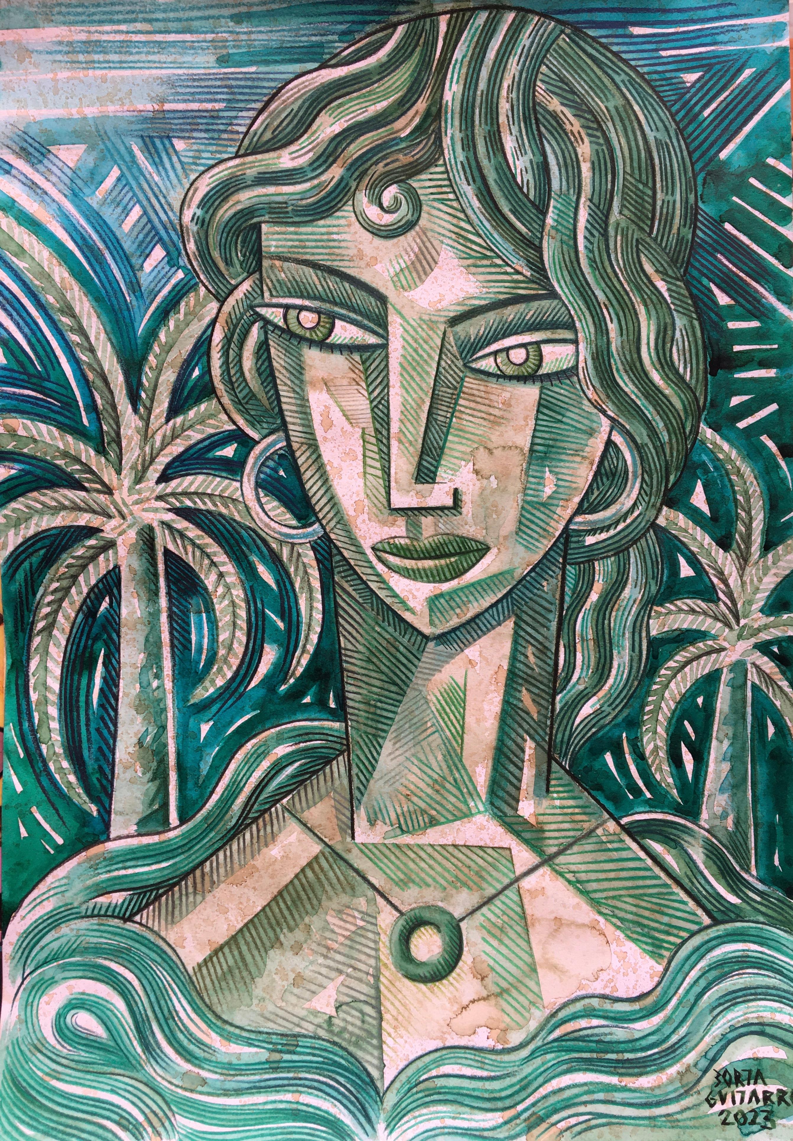 Green Day - original portraiture woman colour still life painting cubism modern