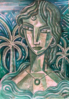 Green Day - portrait original de femme en couleur, peinture de nature morte cubiste moderne