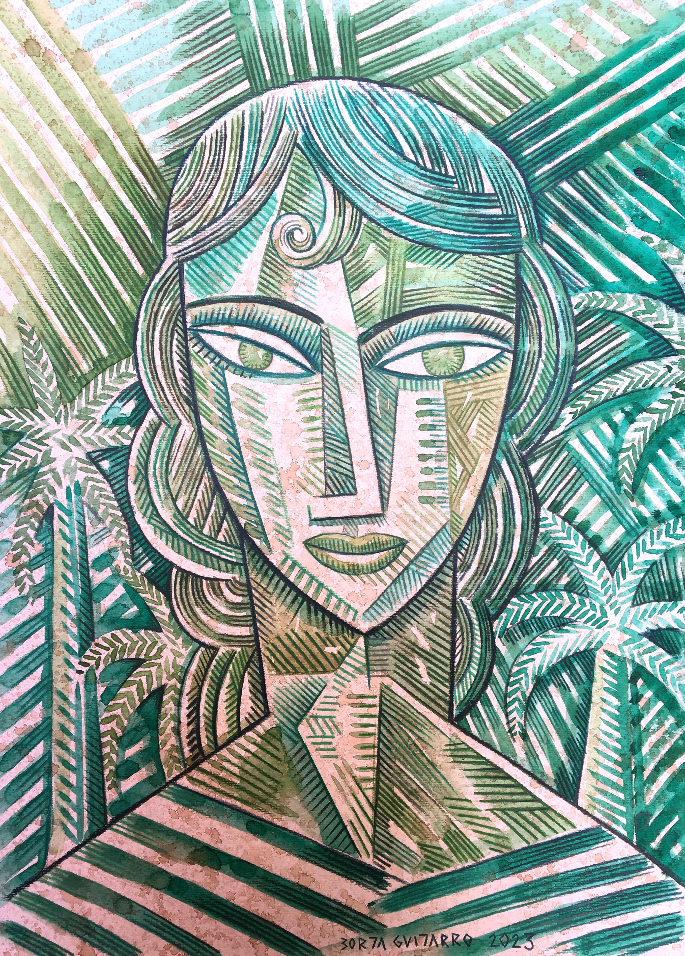 Green Face - original portrait woman colour still life painting cubism modern
