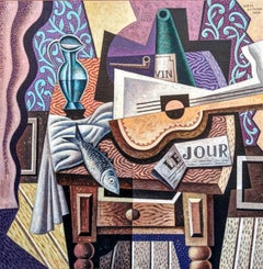 Interior con Pez y Guitara - cubism painting abstract contemporary modern art 